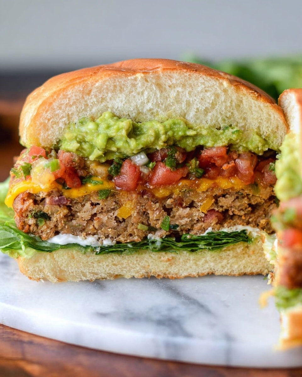 A close-up image of a burger cut in half showing four layers inside a soft, light brown bun. The bottom bun sits on a white marbled surface and has a layer of white sauce spread thinly, followed by green leafy lettuce. Above the lettuce are chunks of red tomatoes and some finely chopped onions. On top of this is a thick, textured, light brown veggie patty with flecks of green herbs. The patty is partially covered by melted yellow cheese and a chunky green guacamole layer. The top bun is fluffy and slightly cracked on the surface. Photo taken with an iphone --ar 4:5 --v 7