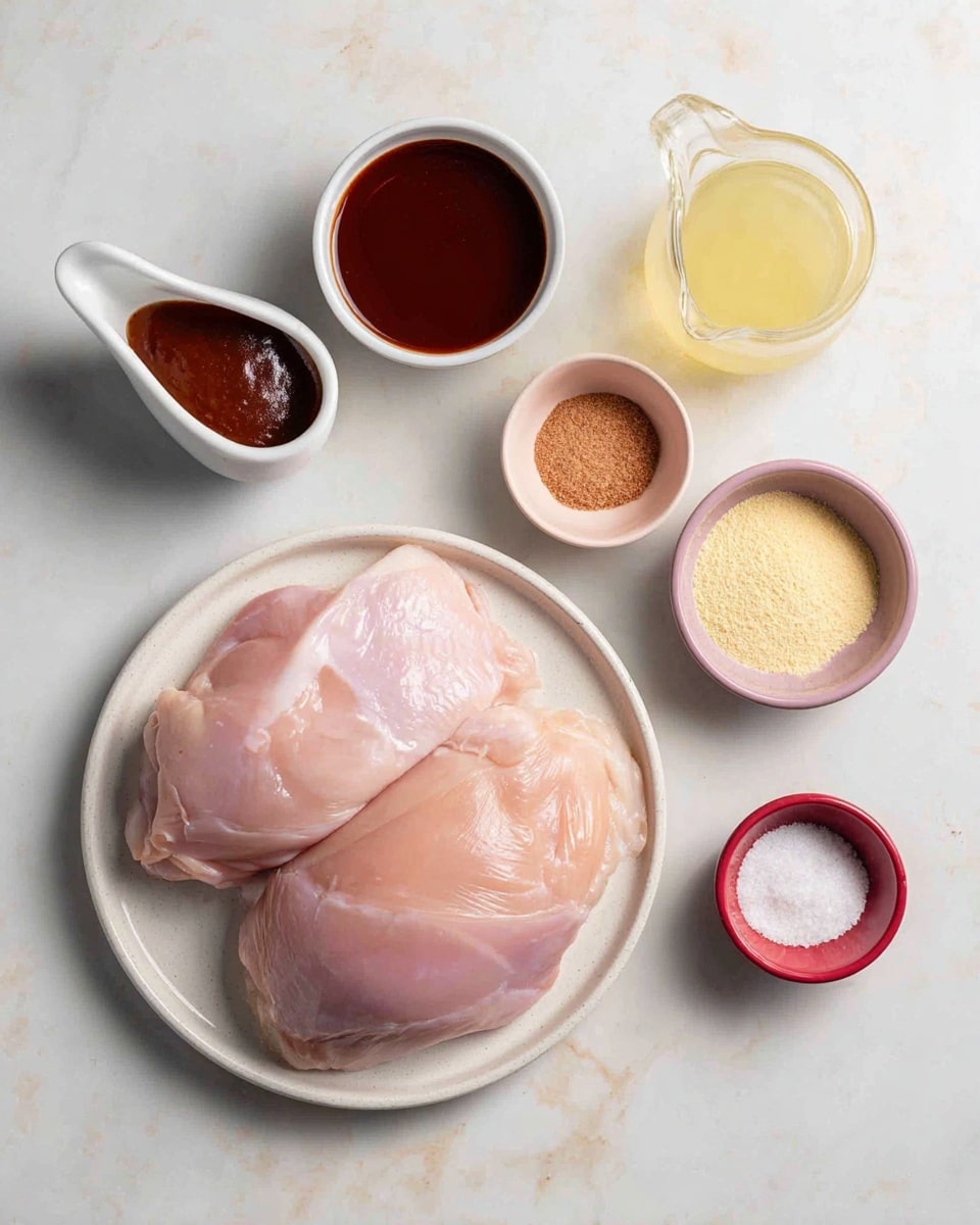 A white round plate holds two large pale pink raw chicken pieces positioned side by side, showing a smooth, moist texture. Surrounding the plate are five small white and pink bowls arranged loosely on a white marbled surface. Each bowl contains a different ingredient: a glossy, thick reddish-brown sauce in a white bowl with a spout; a dark brown liquid in a small pink bowl; light brown granulated sugar in a small red bowl; and a white bowl with three small piles of light yellow powder, white salt, and beige powder. A clear glass measuring jug full of pale yellow liquid is also present. photo taken with an iphone --ar 4:5 --v 7