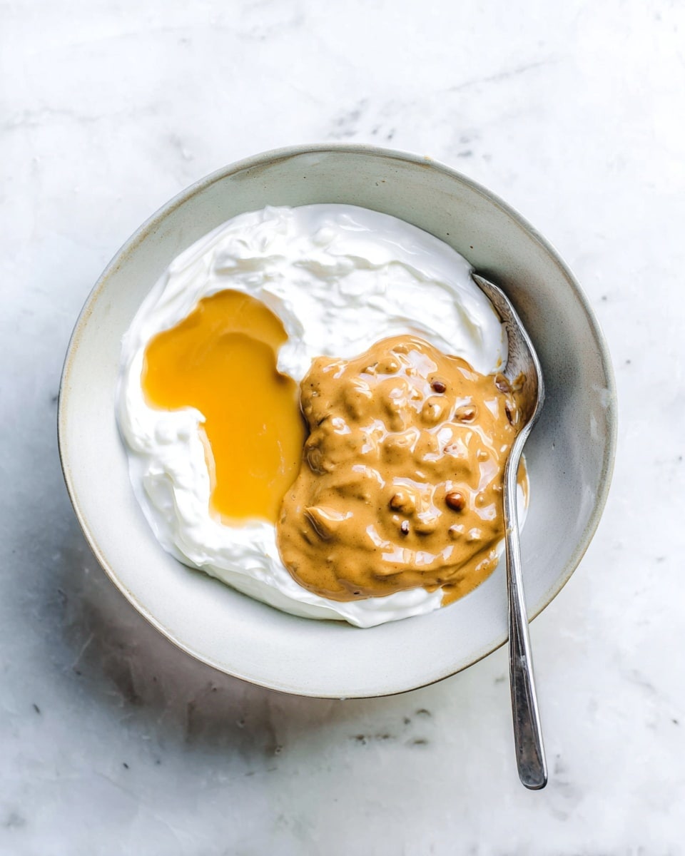 A white bowl sits on a white marbled surface, filled with three visible layers: a base layer of thick, fluffy white yogurt, topped by a smooth golden honey puddle on one side, and a creamy, chunky light brown peanut butter mixture spread across part of the yogurt next to the honey. A silver spoon rests inside the bowl under the peanut butter layer. photo taken with an iphone --ar 4:5 --v 7