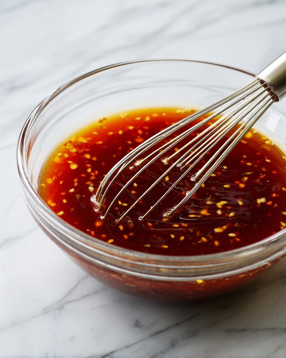 A clear glass bowl sits on a white marbled surface filled with a deep reddish-brown sauce that has small yellow and light brown bits evenly mixed throughout. A shiny silver whisk rests inside the bowl, partially submerged in the sauce, with its handle extending towards the right side. The sauce appears smooth with small oil droplets scattered on top, giving it a slightly glossy texture. photo taken with an iphone --ar 4:5 --v 7