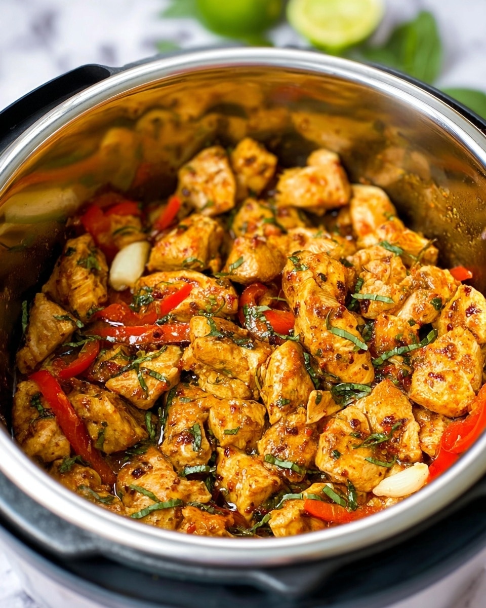The image shows a pot filled with cooked pieces of chicken mixed with red bell pepper slices and green herbs. The chicken chunks are golden brown with some spices visible, giving a textured look. There are small bits of white garlic or onion scattered throughout. The pot has a shiny silver metal inner surface reflecting the food, and the outer rim is black. The background is a white marbled texture with a blurred lime wedge and green leaves visible. photo taken with an iphone --ar 4:5 --v 7
