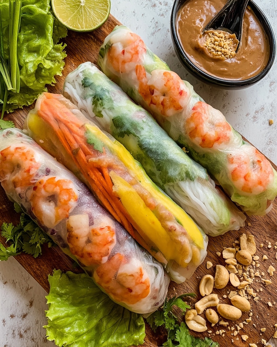 The image shows five fresh spring rolls placed closely on a white marbled surface with a wooden board underneath. Each roll is wrapped in thin, translucent rice paper, showcasing different vibrant layers inside. Three rolls have bright orange shrimp on the top layer, with visible green and white vegetable layers beneath. Another roll has thin strips of carrots and yellow mango layered inside. The last roll includes white rice noodles at the top with green leaves, orange carrot strips, and yellow mango inside. Around the rolls, there is a half lime, peanuts, green onion stalks, dark green and bright green lettuce leaves. A black spoon-shaped bowl with a creamy brown dipping sauce topped with crushed peanuts sits at the top right. The setting is bright and fresh. Photo taken with an iphone --ar 4:5 --v 7