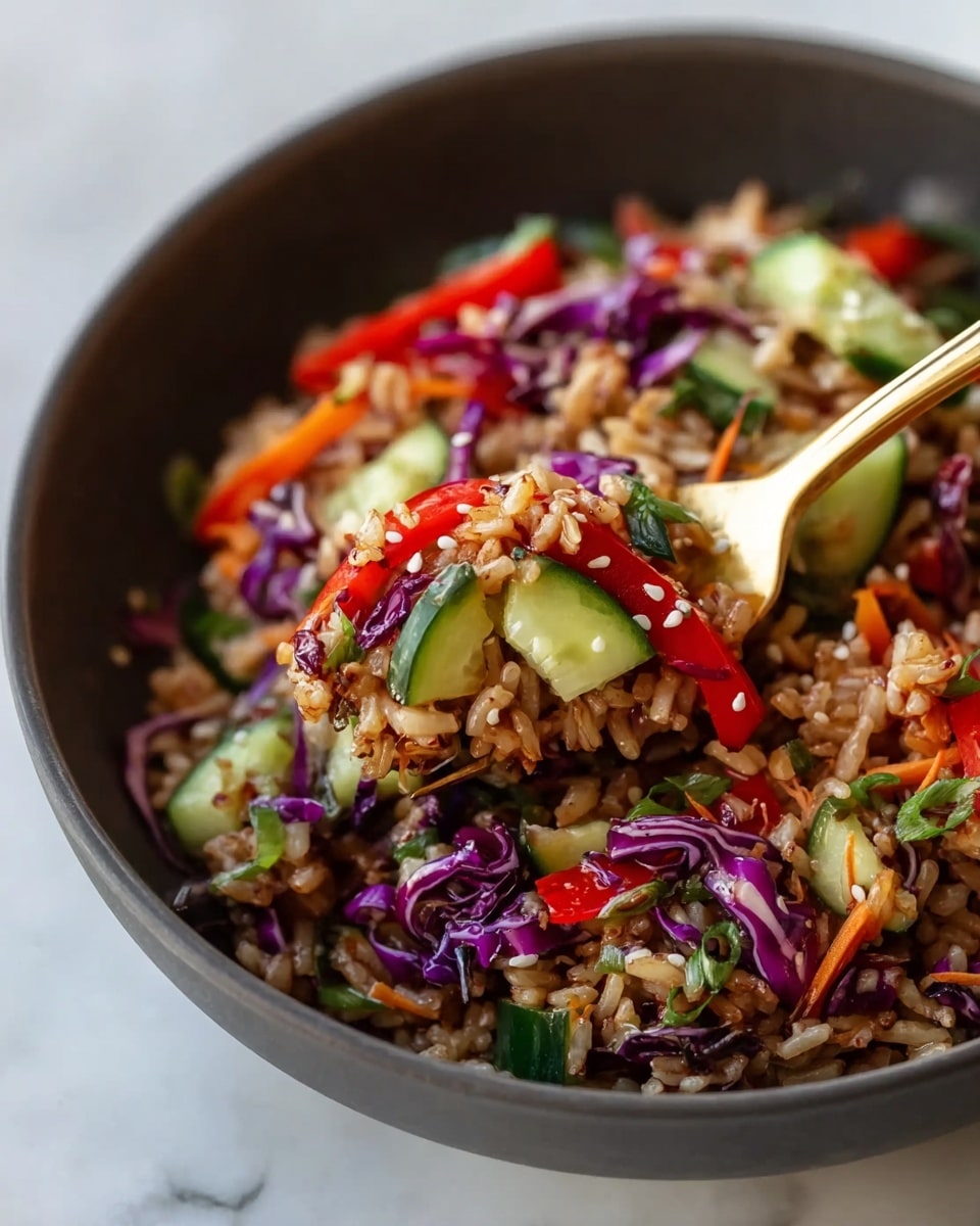 A dark round bowl holds a colorful salad consisting of several layers: at the bottom is a layer of dark reddish-brown rice, mixed with small pieces of fresh green herbs. On top of the rice are bright purple cabbage pieces and thin red bell pepper slices. Around the edges, thin cucumber slices with pale green centers and darker green skins add contrast. Scattered throughout are small pieces of green celery and shredded orange carrots. The top is drizzled with a light brown creamy dressing and sprinkled with white sesame seeds. The whole bowl sits on a white marbled surface with a blurred jar and lemon slice in the background, photo taken with an iphone --ar 4:5 --v 7