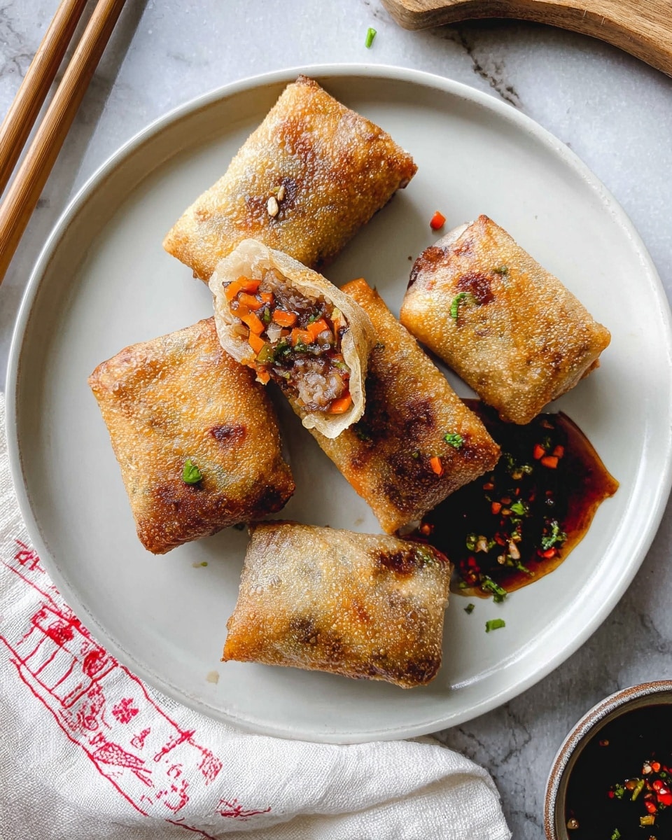 The image shows a white round plate with five golden-brown fried spring rolls arranged neatly, four whole and one with a bite showing a filling of finely chopped vegetables and meat in orange and brown colors. One spring roll is topped with a thick dark sauce with bits of green herbs and red chili flakes. The surface under the plate is a white marbled texture, and there are wooden chopsticks resting on the left side. A beige towel with red text and an illustration is partially visible on the right side. photo taken with an iphone --ar 4:5 --v 7