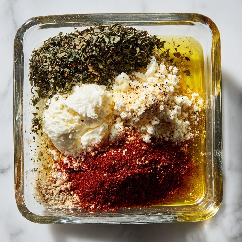 The image shows a clear rectangular glass dish on a white marbled surface. Inside the dish, there are four distinct layers of ingredients side by side without mixing: a mound of dark green dried herbs on the left, next to a creamy white dollop mixed with some soft crumbled white cheese sprinkled lightly with black pepper, a bright red pile of ground spice in the middle front, and some yellow liquid oil pooled around the edges, giving a shiny texture to the ingredients. The colors contrast well and are clearly separated. Photo taken with an iphone --ar 4:5 --v 7