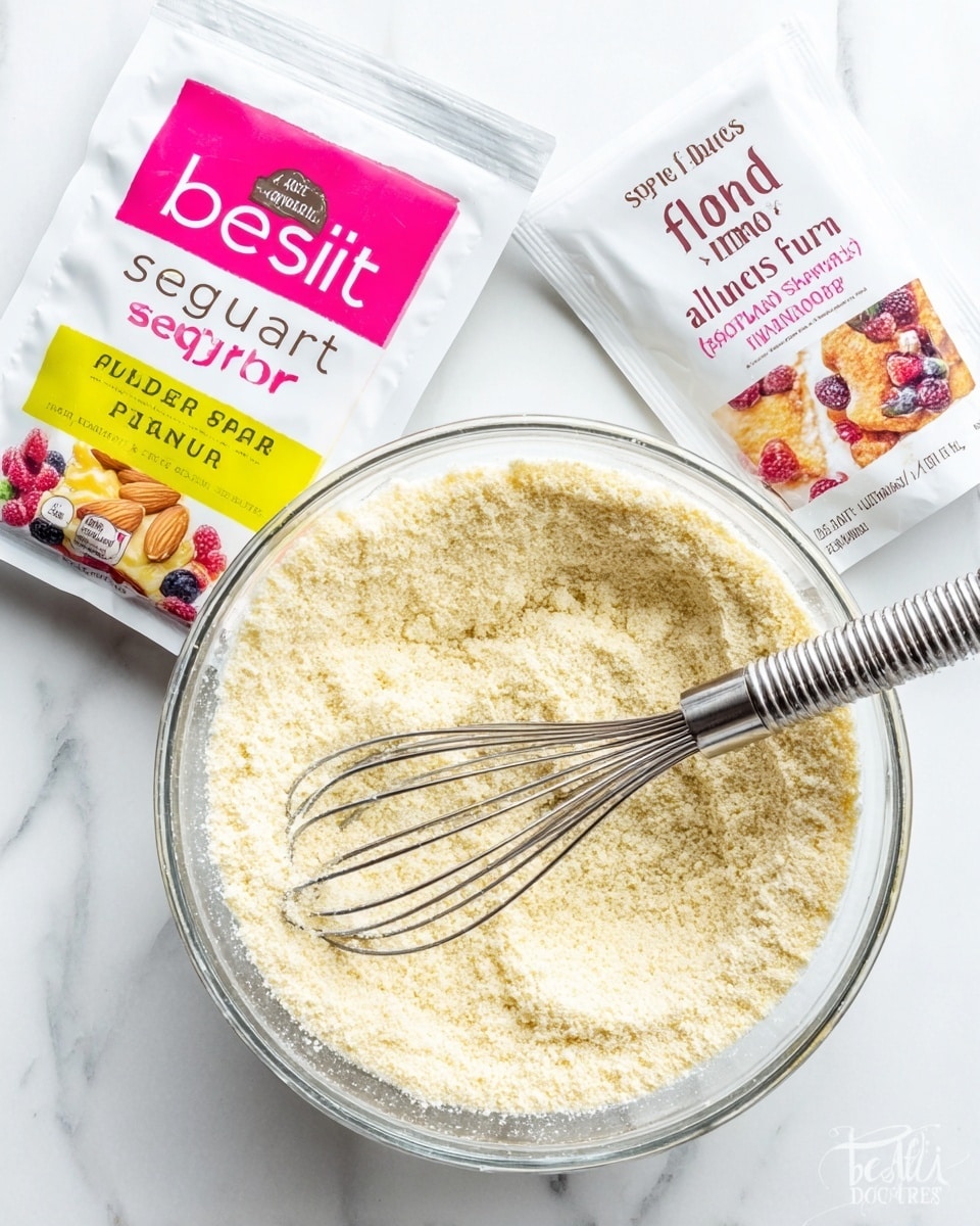 A clear glass bowl filled with pale yellow almond flour with a soft, powdery texture fills most of the image. Resting inside the bowl is a silver metal whisk with a shiny, reflective handle. Two white packets of baking ingredients sit next to the bowl on a white marbled surface; one packet is labeled