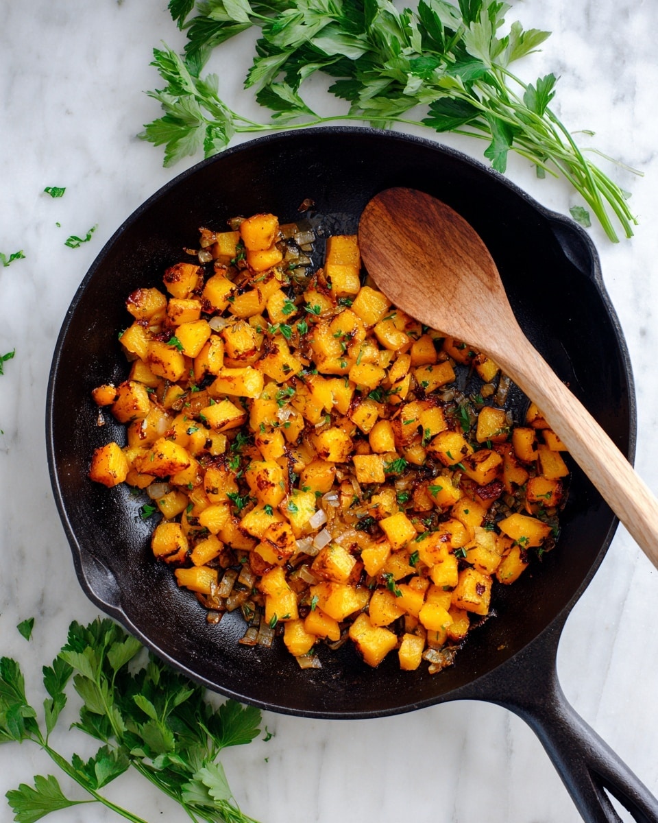 A black cast iron pan filled with small, golden-orange cubes of cooked squash mixed with browned onions and herbs. The vegetables have a slightly glossy texture from being cooked, with some pieces showing a light caramelized darker brown. A wooden spoon lies inside the pan, resting on top of the cooked mixture. Around the pan are sprigs of fresh green parsley placed on a white marbled surface, creating a fresh and simple background. photo taken with an iphone --ar 4:5 --v 7