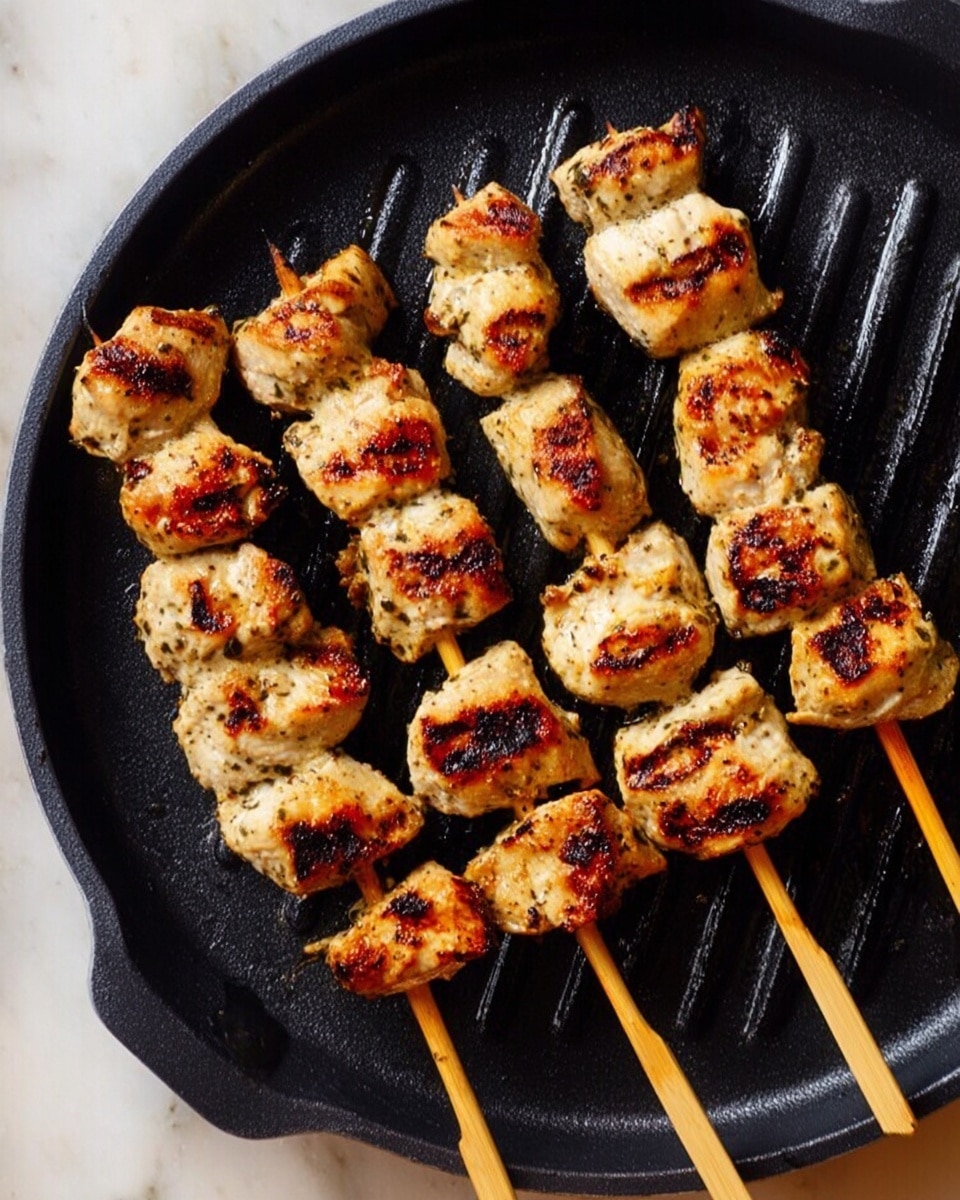 The image shows a close-up of five wooden skewers holding pieces of grilled chicken. The chicken pieces are small and lightly browned with grill marks, showing a slightly charred texture on the edges. The skewers are arranged unevenly in a round black grill pan with visible ridges. The background is a white marbled surface. photo taken with an iphone --ar 4:5 --v 7