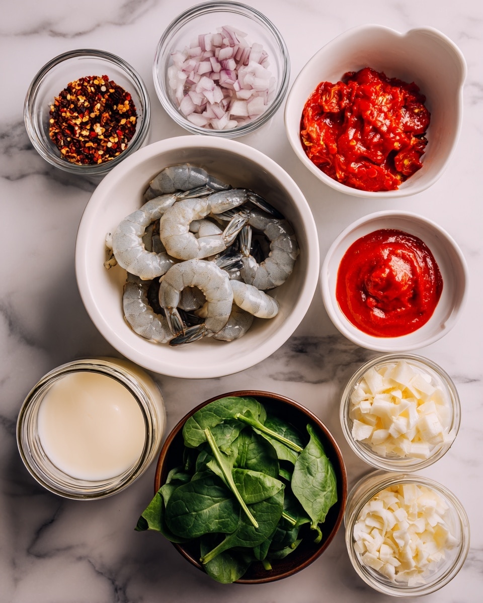The image shows various small bowls arranged on a white marbled surface, each containing different ingredients. In the center, a white bowl holds several raw gray shrimp with tails on. Above it, a white bowl contains chopped light purple shallots. To the right, a small white bowl has bright red tomato paste in two rounded scoops. Below that, a white bowl is filled with fresh dark green spinach leaves. To the lower left of the shrimp, a clear glass jar holds light beige broth, next to it another clear jar is filled with white heavy cream. Below the shallots, a brown bowl contains chopped red bell pepper. Above that, a smaller brown bowl holds minced white garlic. Finally, in the top left corner, a small white bowl contains red spices with some chili flakes mixed in. The overall presentation is neat and colorful with the bowls spaced evenly. Photo taken with an iphone --ar 4:5 --v 7