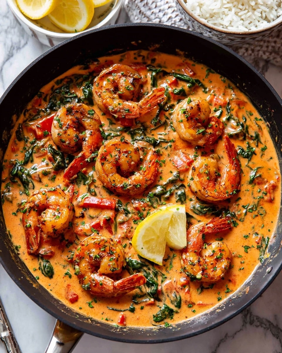 A round white speckled bowl holds a dish with two main layers: a base of pale yellow orzo pasta filling the bowl's bottom and shrimp coated in a thick, bright orange sauce sitting on top. The shrimp and sauce are garnished with finely chopped green herbs and small pieces of red pepper, adding pops of color and texture. A single lemon wedge rests against the edge of the bowl. A gold and black spoon is placed inside the bowl on the left side, touching the orzo. The background is a white marbled surface with small bowls of chopped herbs and lemon halves visible around the main bowl. Photo taken with an iphone --ar 4:5 --v 7