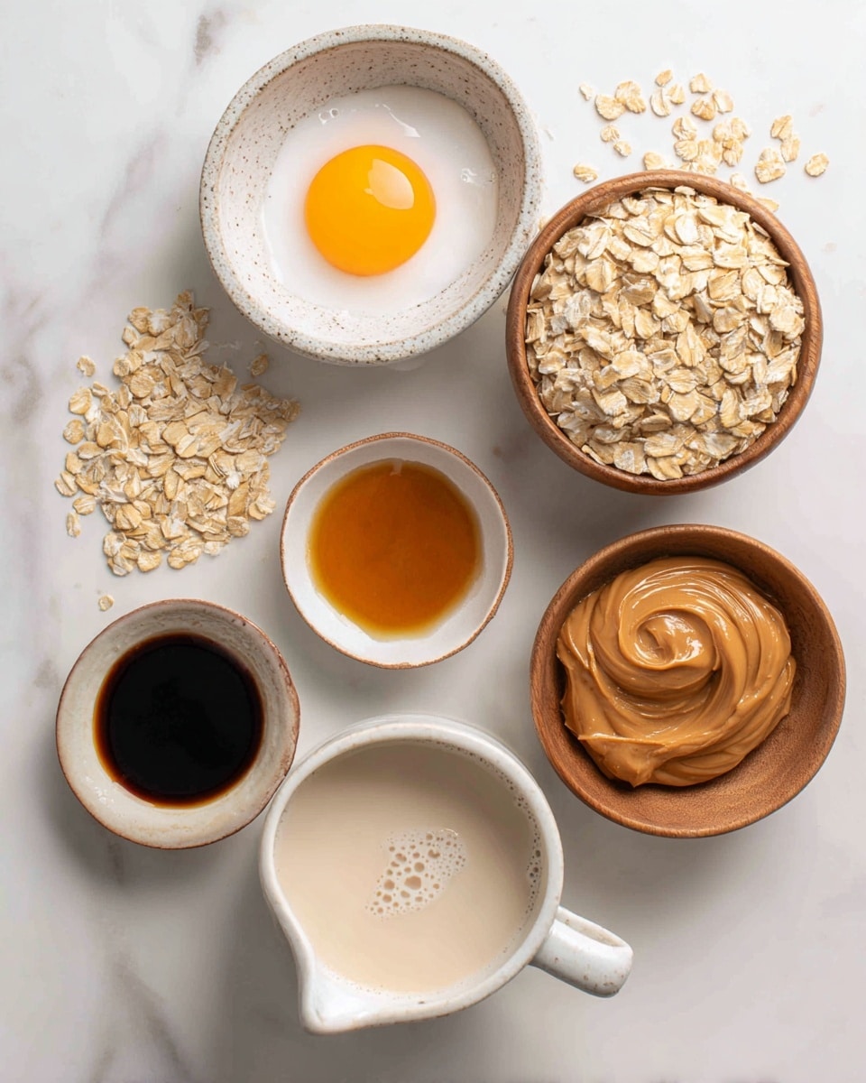 The image shows six small bowls and a pitcher arranged on a white marbled surface, each holding a different ingredient. At the center bottom, a white ceramic pitcher contains light beige milk with tiny bubbles on top. Above it, a rustic white speckled bowl holds a single raw egg with a bright yellow yolk and clear white. To the right, a round wooden bowl is filled with dry, light brown rolled oats. Above that, another wooden bowl contains smooth light brown peanut butter with swirl marks. At the top center, a white bowl with a brown rim holds golden maple syrup. To the left of that, a small white bowl with black speckles contains dark amber vanilla extract. Scattered oats pieces are visible on the marbled surface around the bowls. photo taken with an iphone --ar 4:5 --v 7