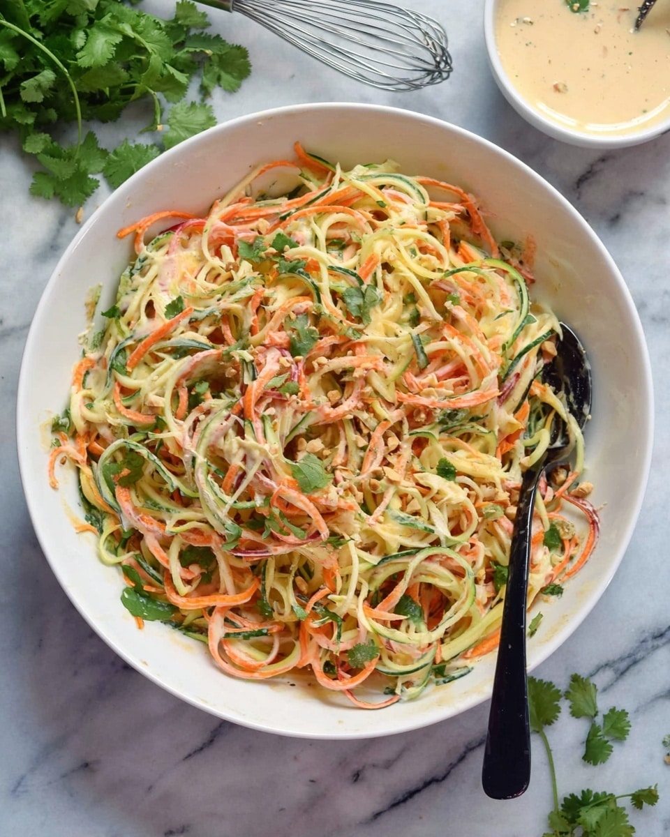 The image shows a large white bowl filled with a mixed salad consisting of spiral-cut vegetables in thin, noodle-like strands. The salad includes orange carrot spirals, pale yellow or white strands likely from cabbage or zucchini, and some green cucumber spirals, all mixed together with a creamy, light dressing that coats the vegetables evenly. The salad is topped with small crushed nuts or seeds that add a crunchy texture. A black spoon is placed inside the bowl, slightly buried in the salad, and fresh green cilantro leaves are scattered throughout the mix and around the bowl on a white marbled surface. In the background, there is a small white bowl with more dressing and a whisk, and some fresh cilantro is placed on the side. Photo taken with an iphone --ar 4:5 --v 7