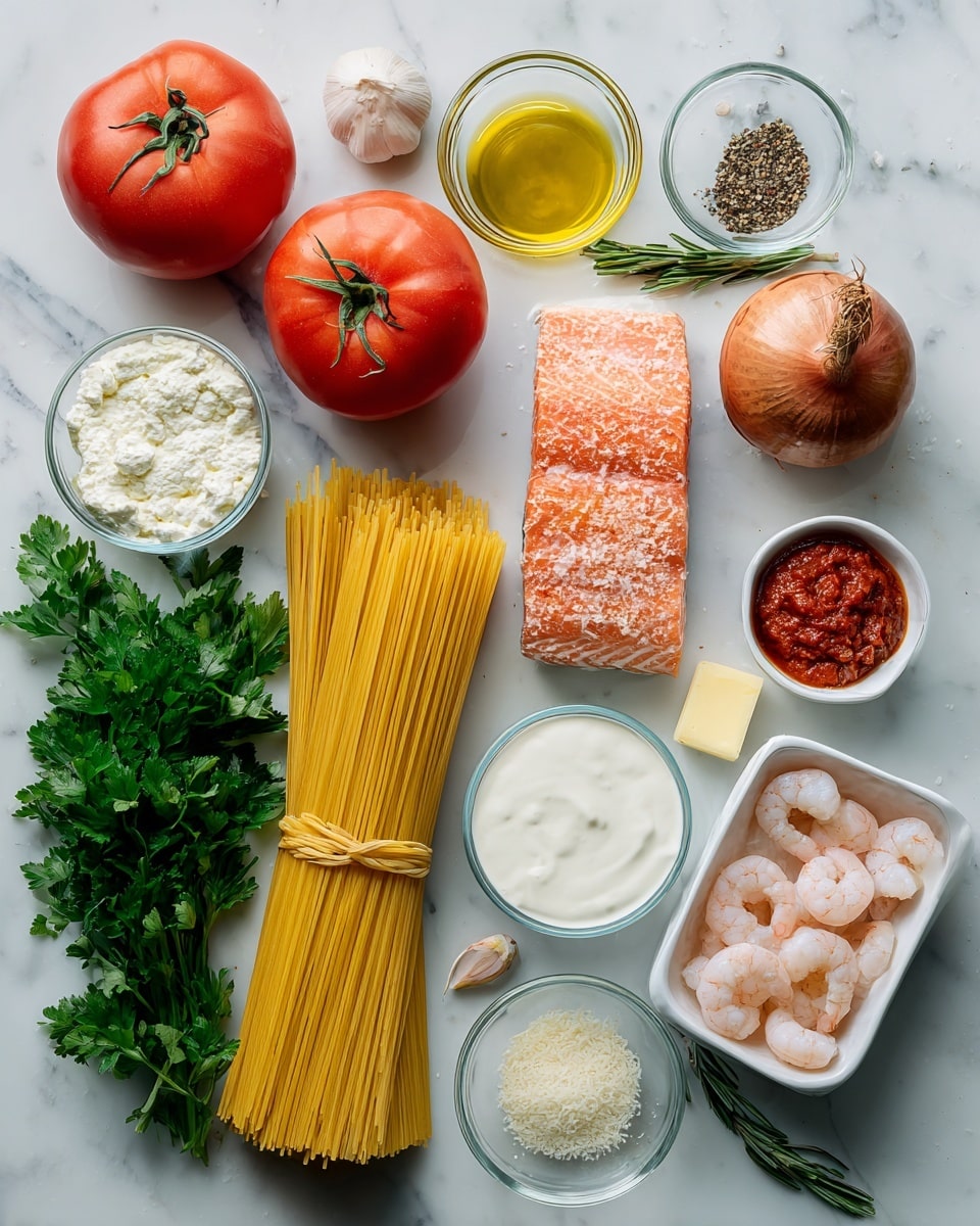 The image shows ingredients neatly spread out on a white marbled surface, each in clear glass bowls or white containers. There are two bright red tomatoes, a small brown onion, and a bunch of fresh green parsley arranged in the lower left area. A bundle of uncooked yellow spaghetti is tied in the center near the top. To the right, two pink salmon fillets lie in a small white dish, next to a glass bowl filled with raw shrimp covered in white flour. Other small bowls and containers hold white heavy cream, white grated Parmesan cheese, a red tomato paste, green rosemary, a clear olive oil, and spices including salt, black pepper, and a reddish Cajun seasoning. There are also garlic cloves and a small container of unsalted butter scattered among the items. The layout is clean and organized, with each ingredient clearly visible and labeled. Photo taken with an iphone --ar 4:5 --v 7