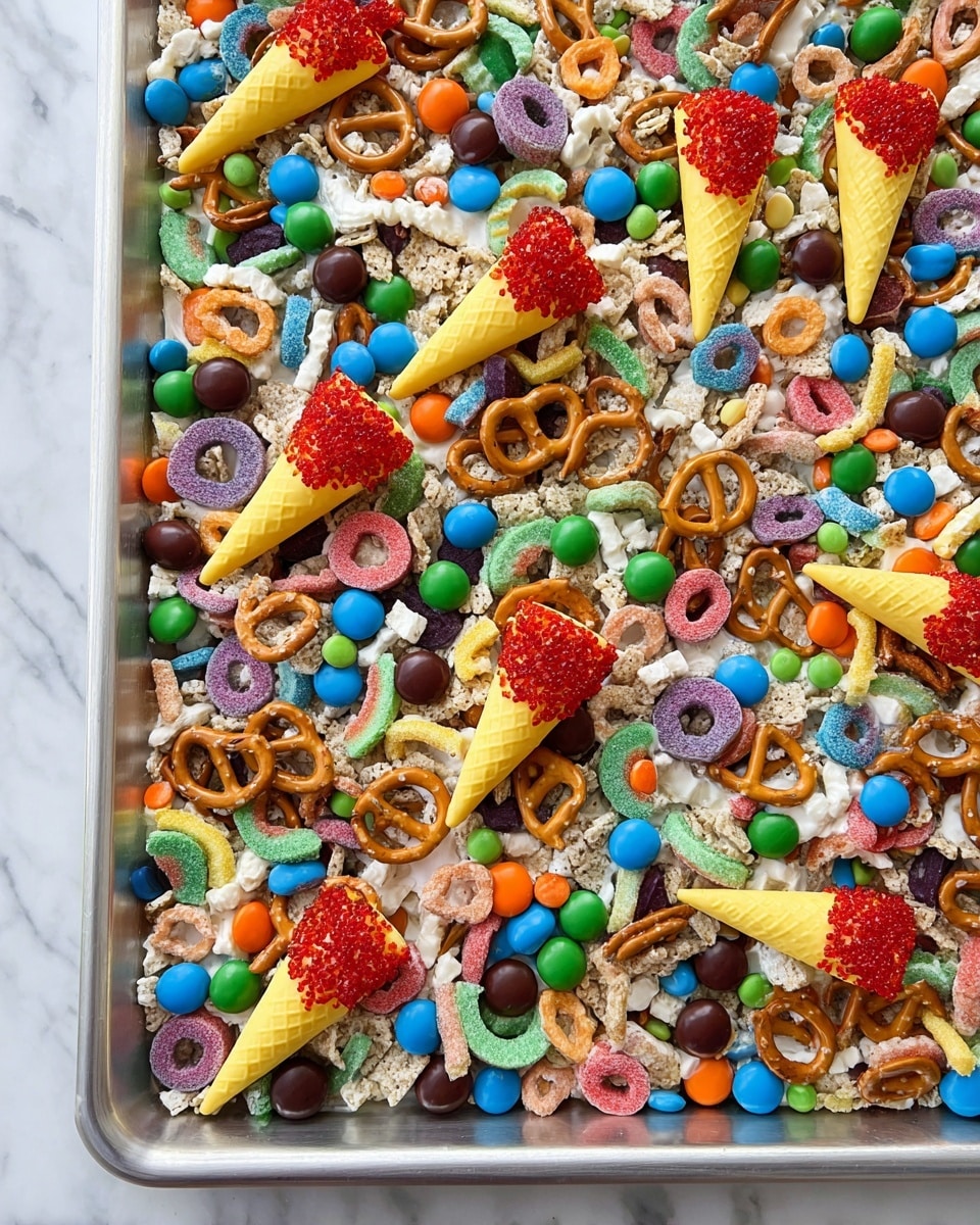 The image shows a large metal tray filled with a colorful mix of snack pieces layered together. The base layer is made of small white cereal pieces mixed with light brown pretzel sticks, both covered lightly with white coating. Scattered on top are bright round candy-coated chocolates in green, blue, orange, red, brown, and yellow. There are also multicolored ring cereals in shades of orange, blue, green, pink, and yellow spread all over. Several small orange gummy rings and round red and green gummy candies add more color contrast. On top of all these, small ice cream cone-shaped treats with a yellow cone and red sugar crystals on top are evenly placed. The tray rests on a surface with a white marbled texture photo taken with an iphone --ar 4:5 --v 7