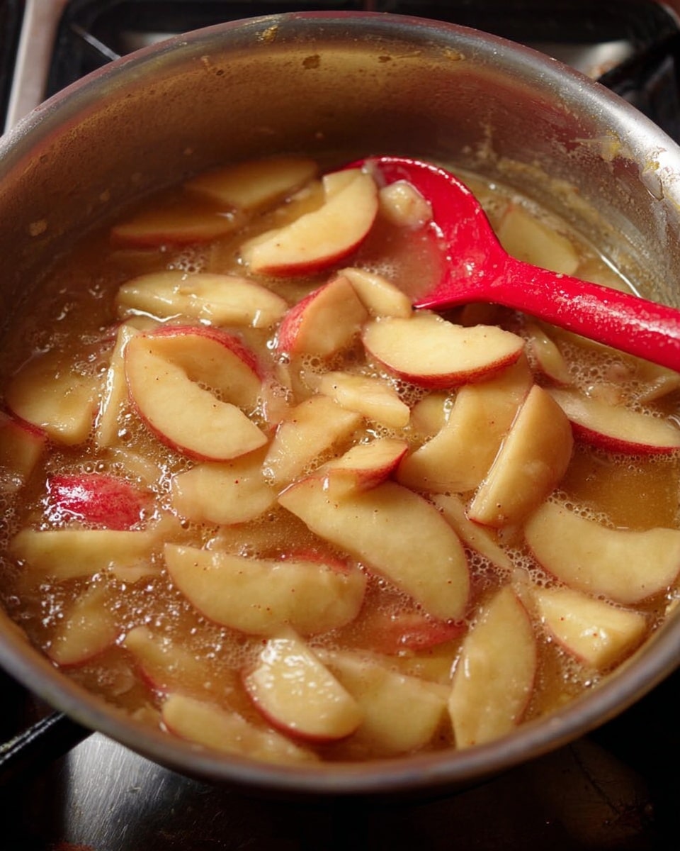 The image shows a close-up view of a metal pan filled with sliced apples cooking in a light brown sauce. The apple slices have pale yellow flesh with red skin edges, and they are soft and slightly translucent from cooking. A red spoon is resting inside the pan, partially submerged in the simmering sauce with small bubbles visible around the apples. The pan is placed on a stove with a black burner visible beneath. The overall look is warm and rustic, showing the cooking process in detail. photo taken with an iphone --ar 4:5 --v 7