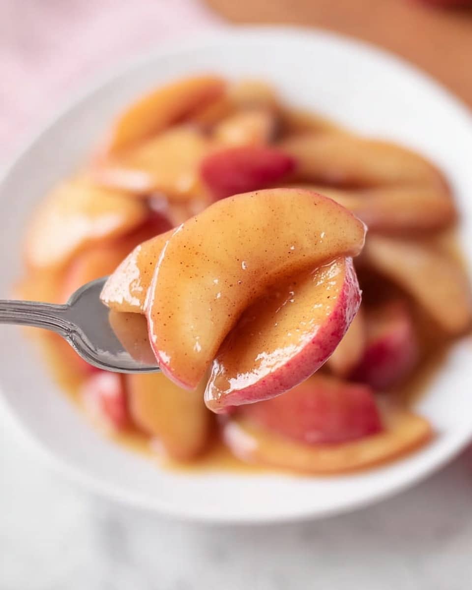 The image shows a close-up of thin pinkish apple slices covered in a light brown cinnamon sauce, held on a fork in the foreground. Behind the fork, there is a white plate filled with more apple slices in the same cinnamon sauce, sitting on a white marbled surface. The apple slices are soft and slightly shiny, with warm colors blending pink and golden brown. The composition focuses on the forkful of apple slices while the plate remains softly blurred in the background, giving a fresh and sweet appearance to the dish photo taken with an iphone --ar 4:5 --v 7