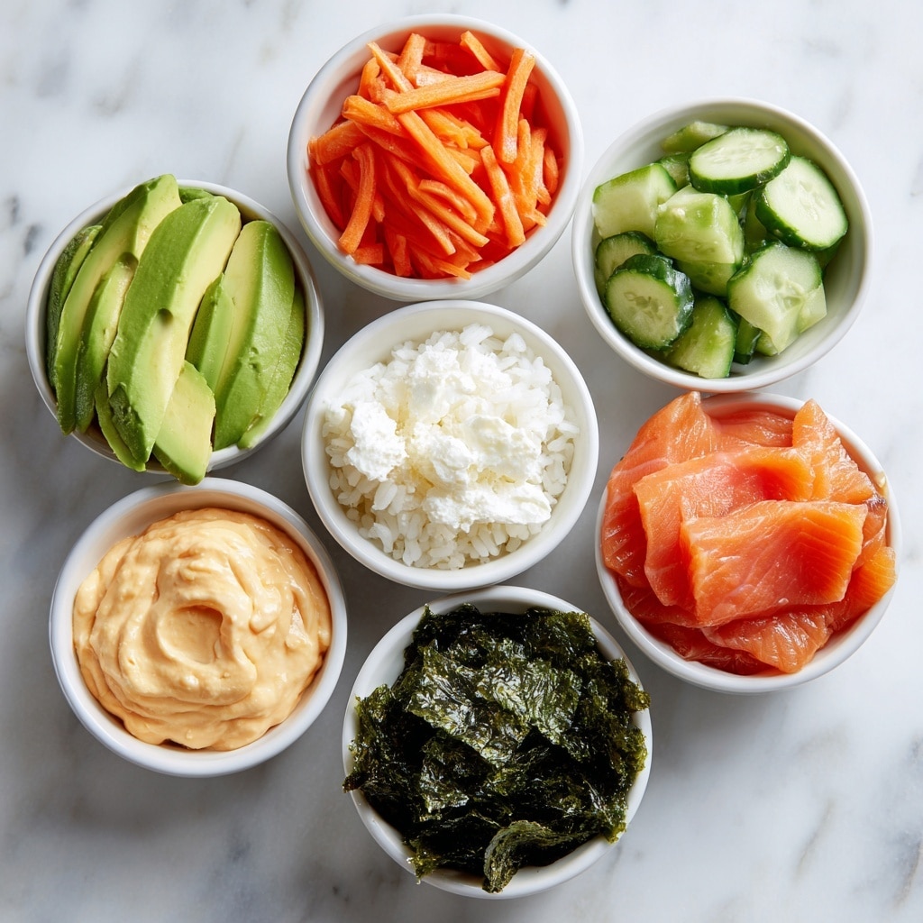 The image shows six small white bowls arranged on a white marbled surface. One bowl contains bright green avocado slices with smooth texture. Another bowl holds thin sticks of orange carrots mixed with chopped light green cucumber pieces. A third bowl is filled with shiny, soft white rice on one side and creamy white cottage cheese on the other. Next to it, there is a bowl with thin, bright orange-pink slices of smoked salmon. Another bowl contains smooth, thick spicy mayo sauce in pale orange color. The last bowl has small, rough, dark green pieces of nori seaweed. Photo taken with an iphone --ar 4:5 --v 7