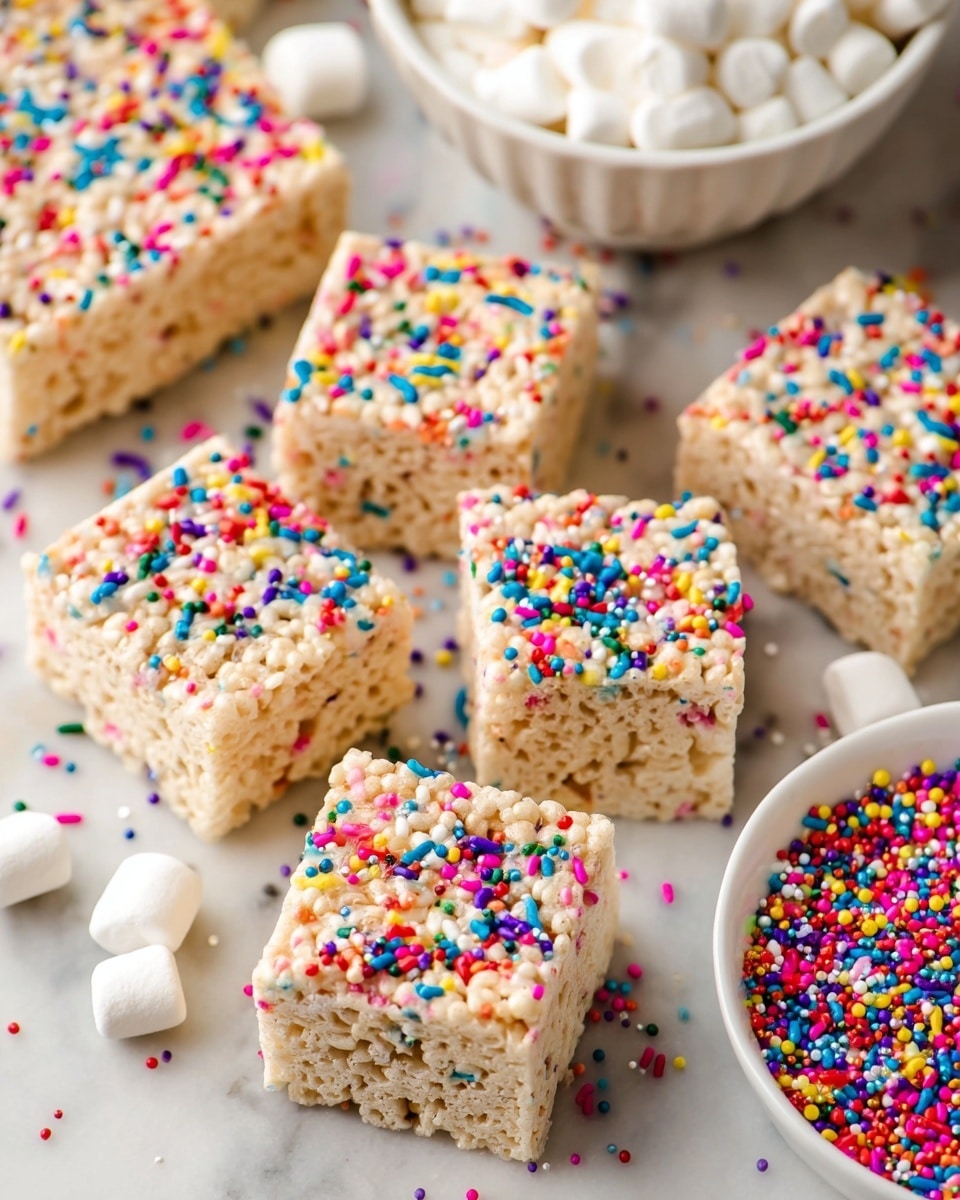 The image shows several square rice crispy treats scattered on a white marbled surface. Each treat has a light beige color with a soft, slightly bumpy texture from the puffed rice, topped with a colorful mix of small sprinkles in red, blue, yellow, green, purple, pink, and white. In the background, there is a white bowl filled with white mini marshmallows and part of a white bowl full of vibrant rainbow sprinkles to the right. The arrangement feels casual and bright, highlighting the contrast between the neutral crispy treats and the lively sprinkles photo taken with an iphone --ar 4:5 --v 7