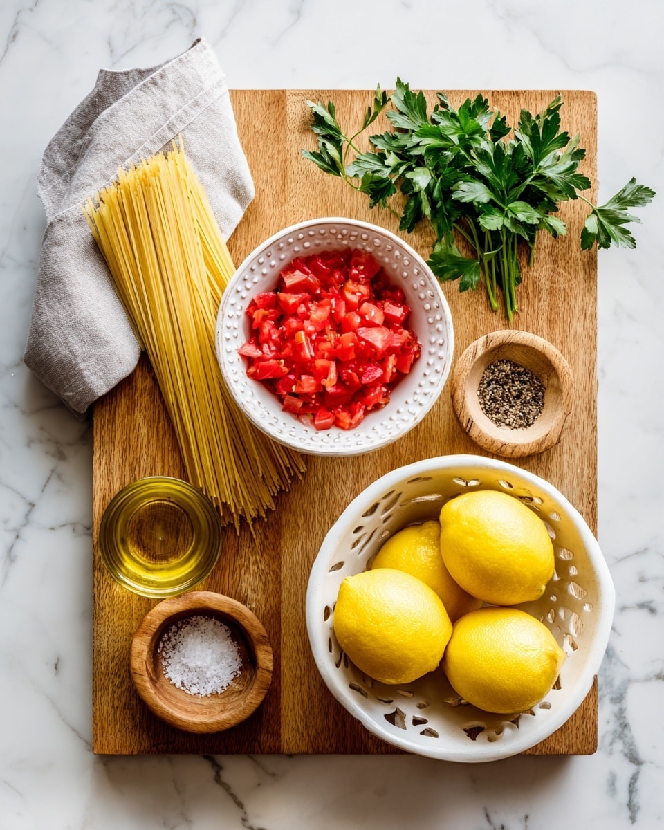 The image shows a wooden cutting board on a white marbled surface. On the top left of the board, there is a bunch of uncooked spaghetti partially wrapped in a light gray cloth. Next to it, slightly to the right, is a white bowl with small round tactile patterns, filled with chopped red tomatoes. To the right of the bowl, green parsley leaves rest on the cutting board. In the bottom left corner, there's a small glass container holding golden olive oil. Above it, a small round wooden bowl contains salt and black pepper side by side. On the bottom right, a white bowl with decorative cutouts around the edges holds four bright yellow lemons. photo taken with an iphone --ar 4:5 --v 7