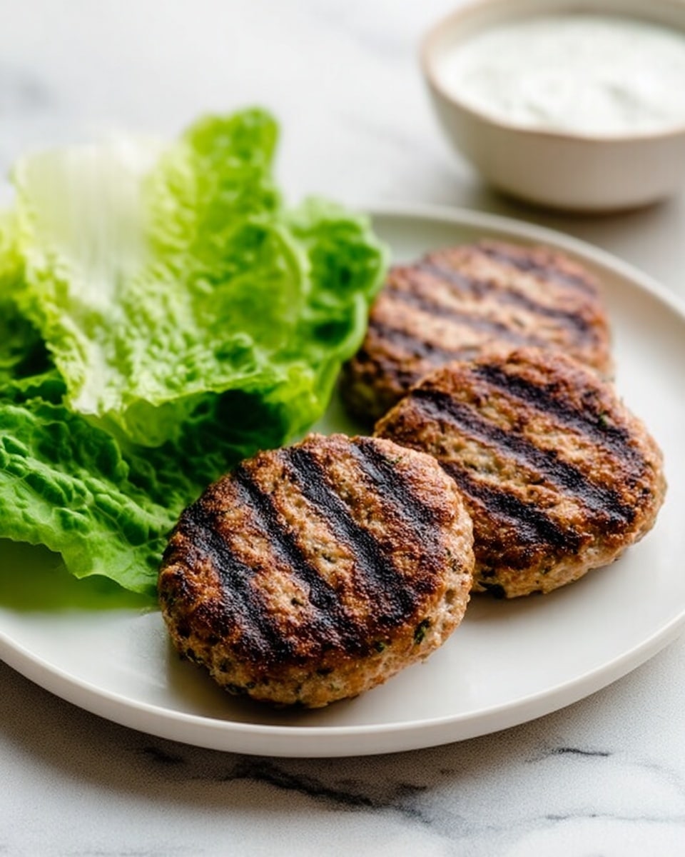 Three round, grilled patties with dark grill marks are placed on the right side of a white plate, showing a lightly browned and textured surface. On the left side of the plate, there is a small pile of fresh green lettuce leaves with a crisp and slightly ruffled texture. In the background, slightly out of focus, a small white bowl filled with a creamy white sauce sits on a white marbled surface. A woman's hand is gently touching the corner of the plate. photo taken with an iphone --ar 4:5 --v 7