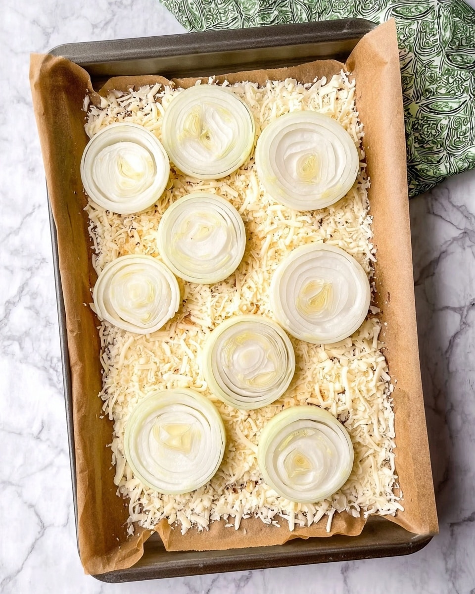 A baking tray lined with brown parchment paper shows a layer of shredded white cheese covering most of the tray. On the upper part, there are seven thick, circular onion slices with white and light yellow rings, neatly spread over the cheese. The tray is placed on a white marbled surface, and a green and white patterned cloth is seen to the top right corner of the image. photo taken with an iphone --ar 4:5 --v 7