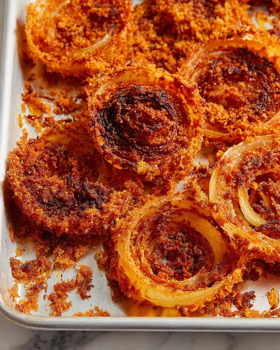 A close-up view of a golden brown, crispy onion chip being dipped into a small white bowl filled with creamy white sauce sprinkled with light brown powder on top. The onion chip has several thin, concentric layers with dark brown edges showing a crunchy texture. More onion chips with similar color and texture are stacked in the background on a white marbled surface, and a woman's hand is holding the chip gently near the top right corner. Photo taken with an iphone --ar 4:5 --v 7