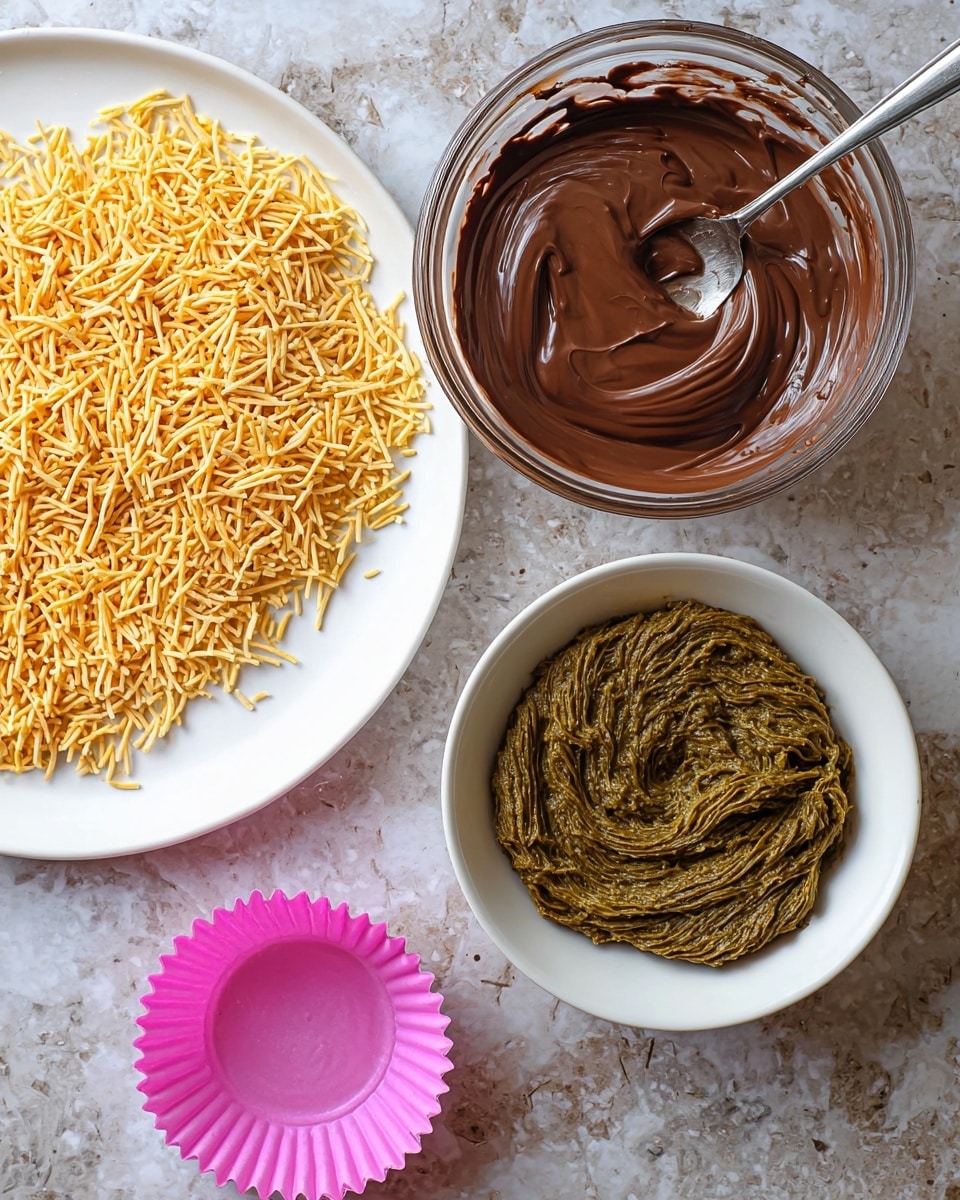 The image shows a flat white plate with a loose layer of thin, golden-yellow toasted noodles spread unevenly across it. Nearby is a clear glass bowl filled with smooth, thick, shiny dark brown chocolate cream, with a spoon resting inside. Above these, slightly to the right, is a round white bowl holding a rough-textured, thick green paste with swirled marks on its surface. Next to this bowl is an empty pink silicone cupcake liner with scalloped edges. All items are placed on a white marbled textured surface. photo taken with an iphone --ar 4:5 --v 7