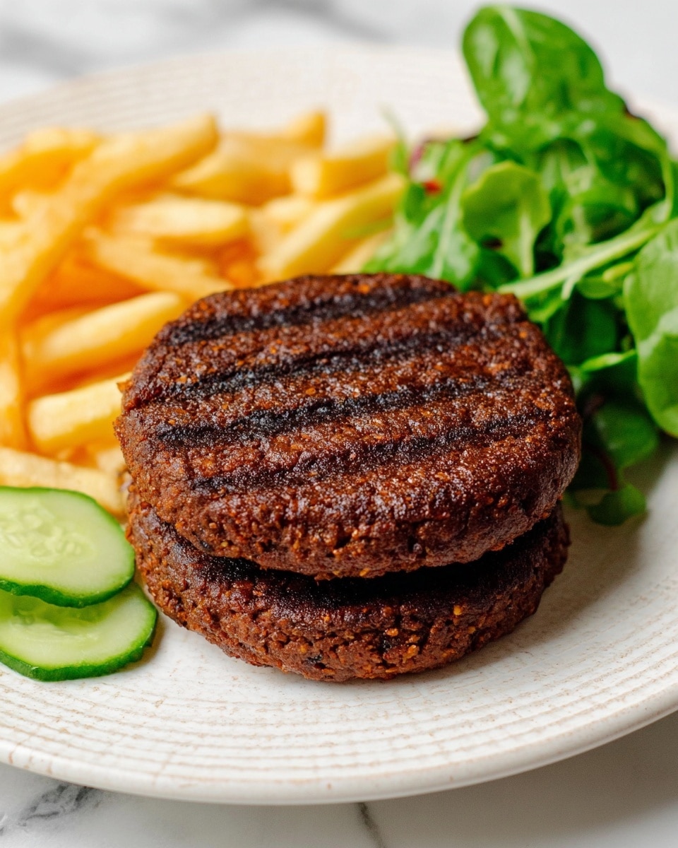 The image shows a large burger held by a woman's hand on each side, centered in the frame. The burger has six main layers: a shiny sesame seed bun on top, with melted orange cheese and small crispy pieces just below it, followed by a thick dark brown burger patty. Below that is a layer of sliced green cucumbers and green lettuce mixed with a light orange sauce, then another thick dark brown burger patty, more green lettuce with more light orange sauce, and finally a soft white bun at the bottom. The background is a white marbled texture, and blurry fries can be seen behind the burger. Photo taken with an iphone --ar 4:5 --v 7