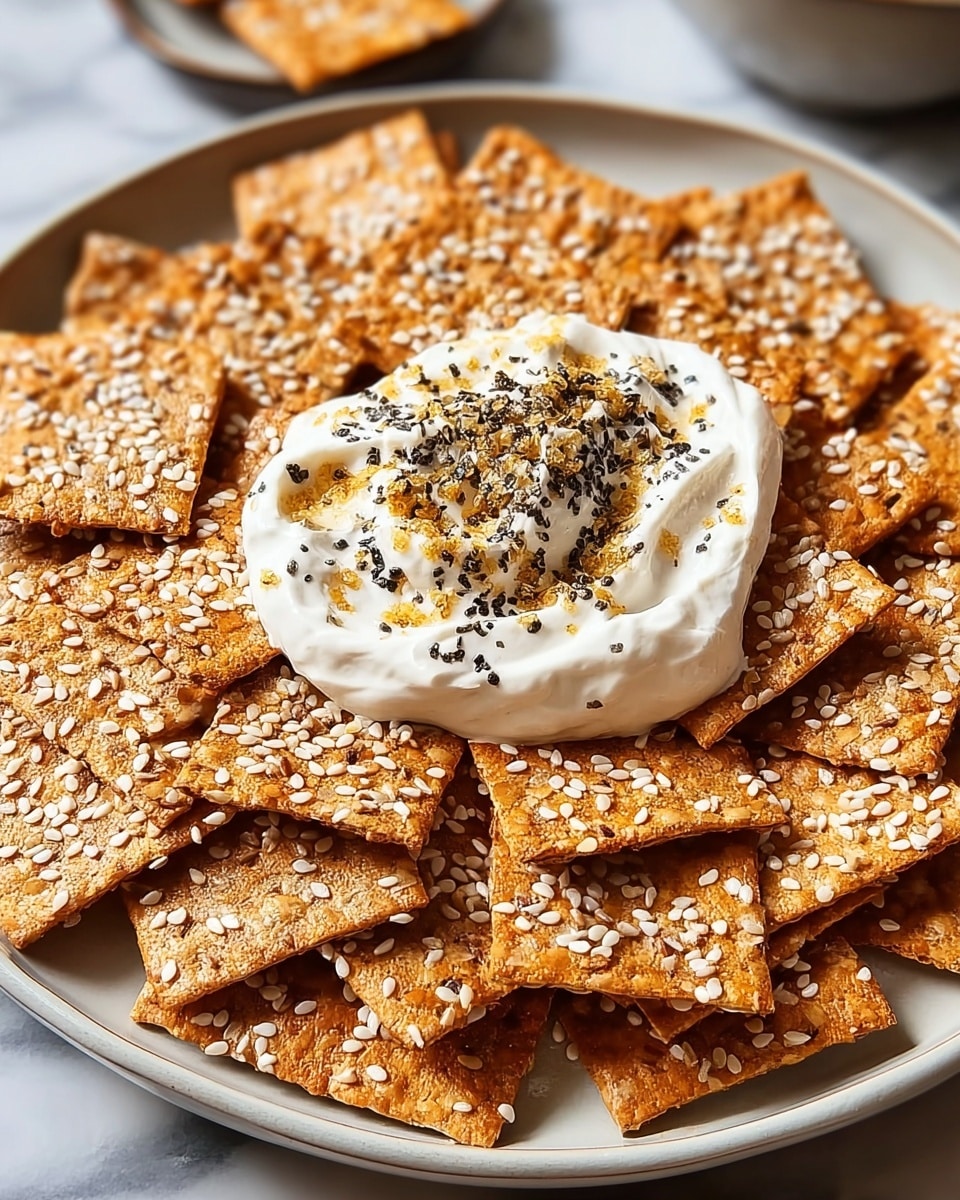 A white round plate filled with many square, crunchy-looking golden crackers sprinkled with white sesame seeds. In the center, there is a round dollop of creamy white dip topped with sprinkled coarse black pepper and some golden flakes. The plate sits on a white marbled surface with soft lighting highlighting the textures of the crackers and the smooth dip. photo taken with an iphone --ar 4:5 --v 7