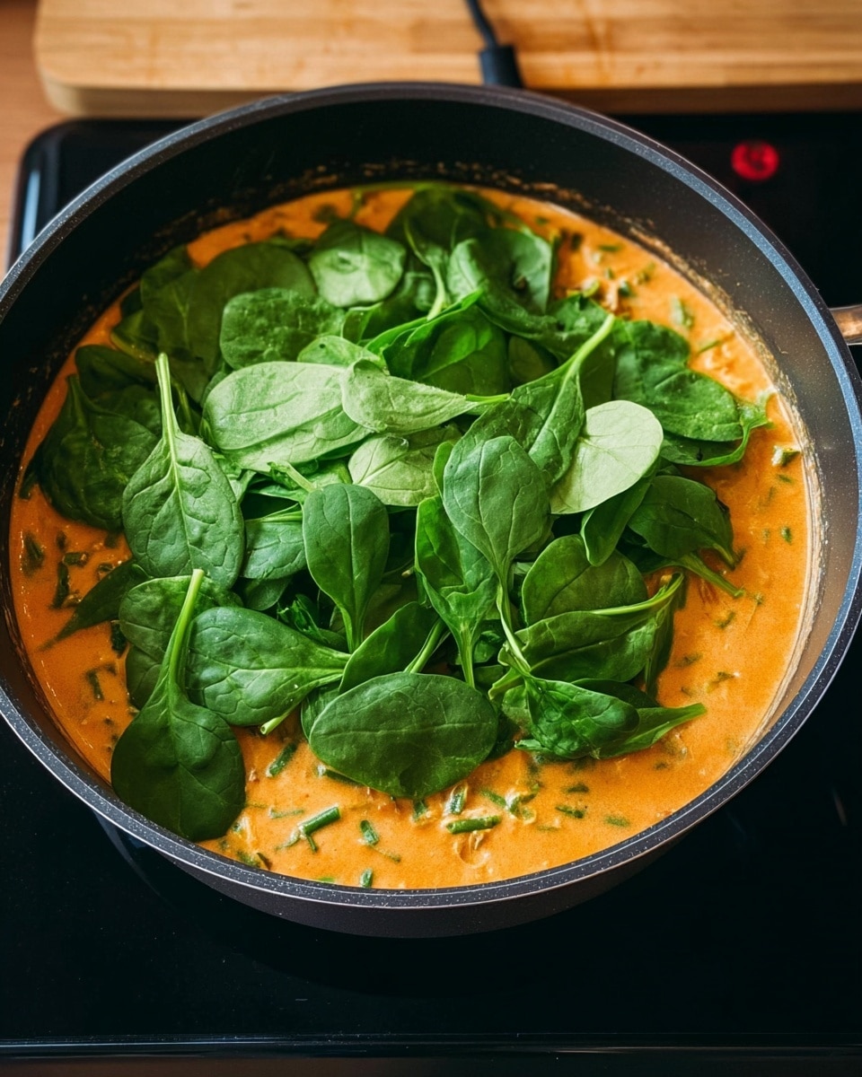 A black pan sits on a black induction cooktop with a wooden cutting board in the background. Inside the pan, there is a creamy orange soup or curry base with small green herb pieces visible throughout. On top of this orange base, there is a large layer of fresh bright green spinach leaves spread evenly, some leaves overlapping. The green leaves create a fresh contrast with the warm orange liquid below. Photo taken with an iphone --ar 4:5 --v 7