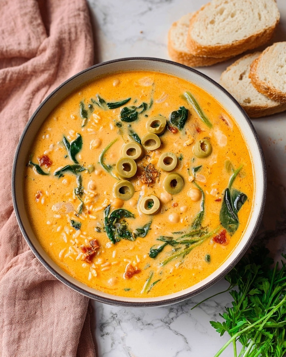 A white bowl filled with a creamy orange soup that has visible layers of small white grains, light green sliced olives, dark green spinach leaves, and small chickpeas scattered throughout. The soup has a smooth texture with small bits of reddish pieces adding extra color. The bowl is placed on a white marbled surface with a soft pink cloth on the left side and three pieces of light brown bread behind the bowl. A small bunch of fresh green herbs is placed near the bottom right corner of the image. photo taken with an iphone --ar 4:5 --v 7