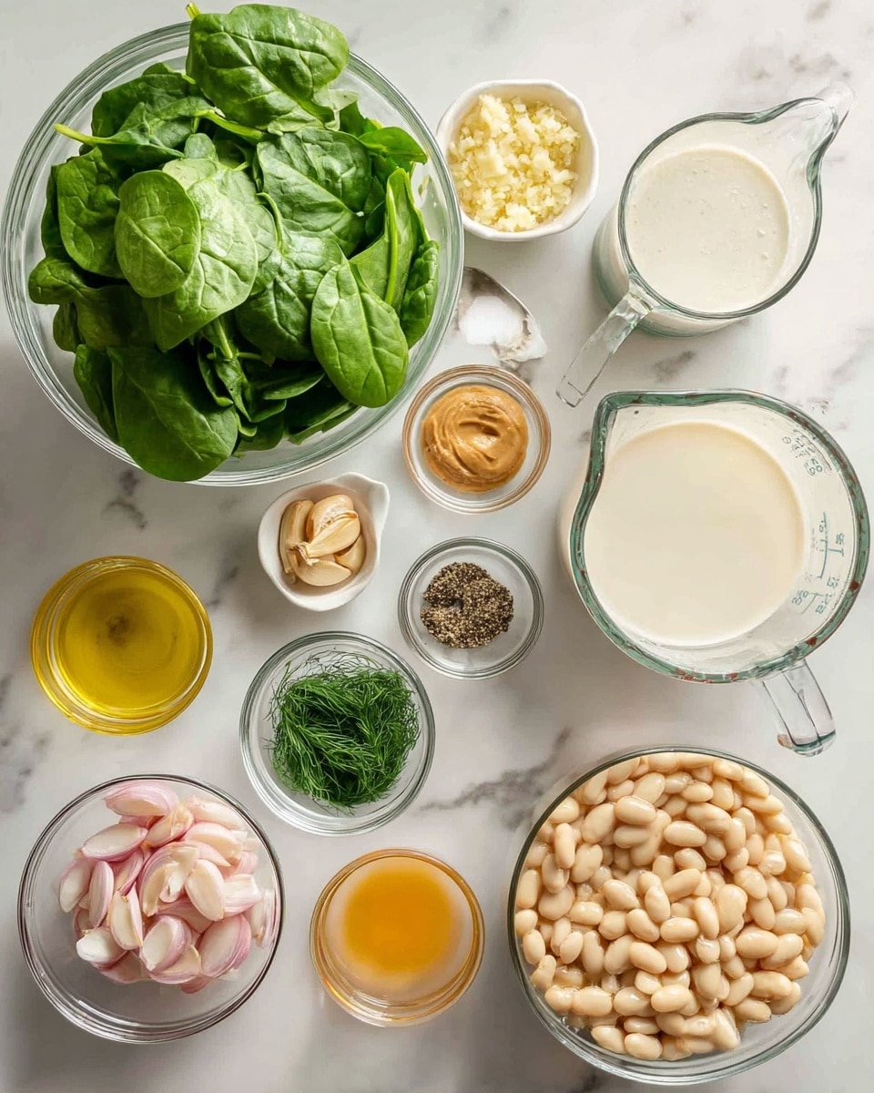 This image shows eleven clear glass bowls and one glass pitcher arranged on a white marbled surface. In the front left corner, there is a large clear bowl filled with fresh green spinach leaves. To its right, a glass measuring cup contains a white creamy liquid, likely some sort of milk or cream. Above the large bowl, there is a small bowl with minced garlic, next to it a spoonful of light brown paste, smaller than the garlic bowl. Near the center is a bowl of olive oil, a small bowl with fresh chopped dill, and another very small bowl with salt and black pepper. To the left side, there is a medium bowl with sliced light pink shallots. On the top right, a large bowl is filled with large white beans. Next to it, a glass pitcher contains a light orange broth or stock, and a small glass pitcher with a light yellow liquid, possibly lemon juice, is placed near the middle right. The picture is clean and bright, showing fresh ingredients with clear textures. Photo taken with an iphone --ar 4:5 --v 7