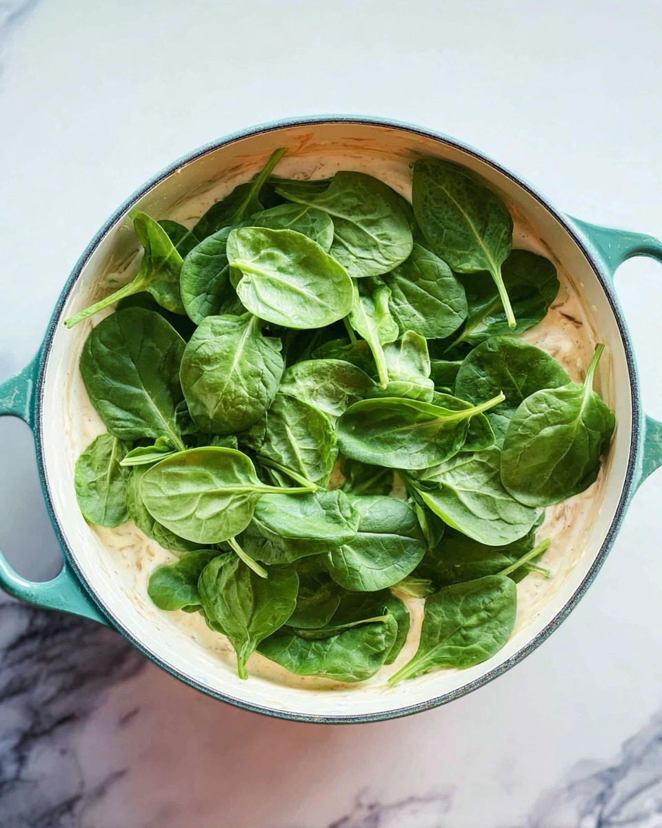 A round light blue pot filled with a creamy light beige sauce as the bottom layer, topped with a fresh green layer of whole spinach leaves spread evenly across the surface, some leaves slightly overlapping, all sitting on a white marbled surface photo taken with an iphone --ar 4:5 --v 7