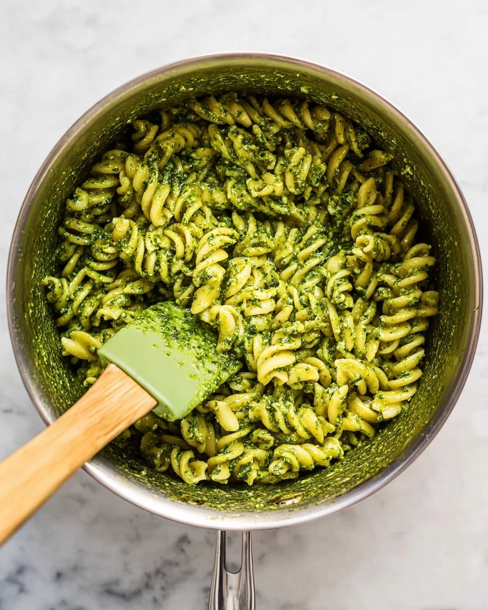 A shiny silver pot filled with twisted pasta coated in bright green pesto sauce. The pasta looks soft and well mixed with the sauce, which has a slightly chunky texture from herbs and nuts. A wooden spatula with a green silicone tip is resting inside the pot, partly covered in the same pesto. The pot sits on a white marbled surface with a clean and bright appearance. photo taken with an iphone --ar 4:5 --v 7