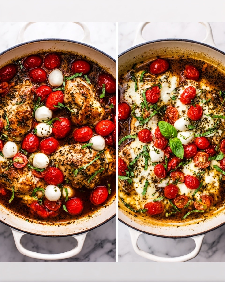 A white round pan with five cooked chicken pieces at the center sits on a white marbled surface. The chicken is topped with multicolored layers: small white mozzarella balls and halved red cherry tomatoes with scattered green basil leaves on top, all resting on a dark brown sauce sprinkled with black pepper and herbs. On the right, the same pan shows the chicken after baking, now covered with melted white mozzarella cheese, browned edges, and softened cherry tomatoes, with fresh green basil leaves scattered on top, surrounded by a golden, rich sauce. photo taken with an iphone --ar 4:5 --v 7