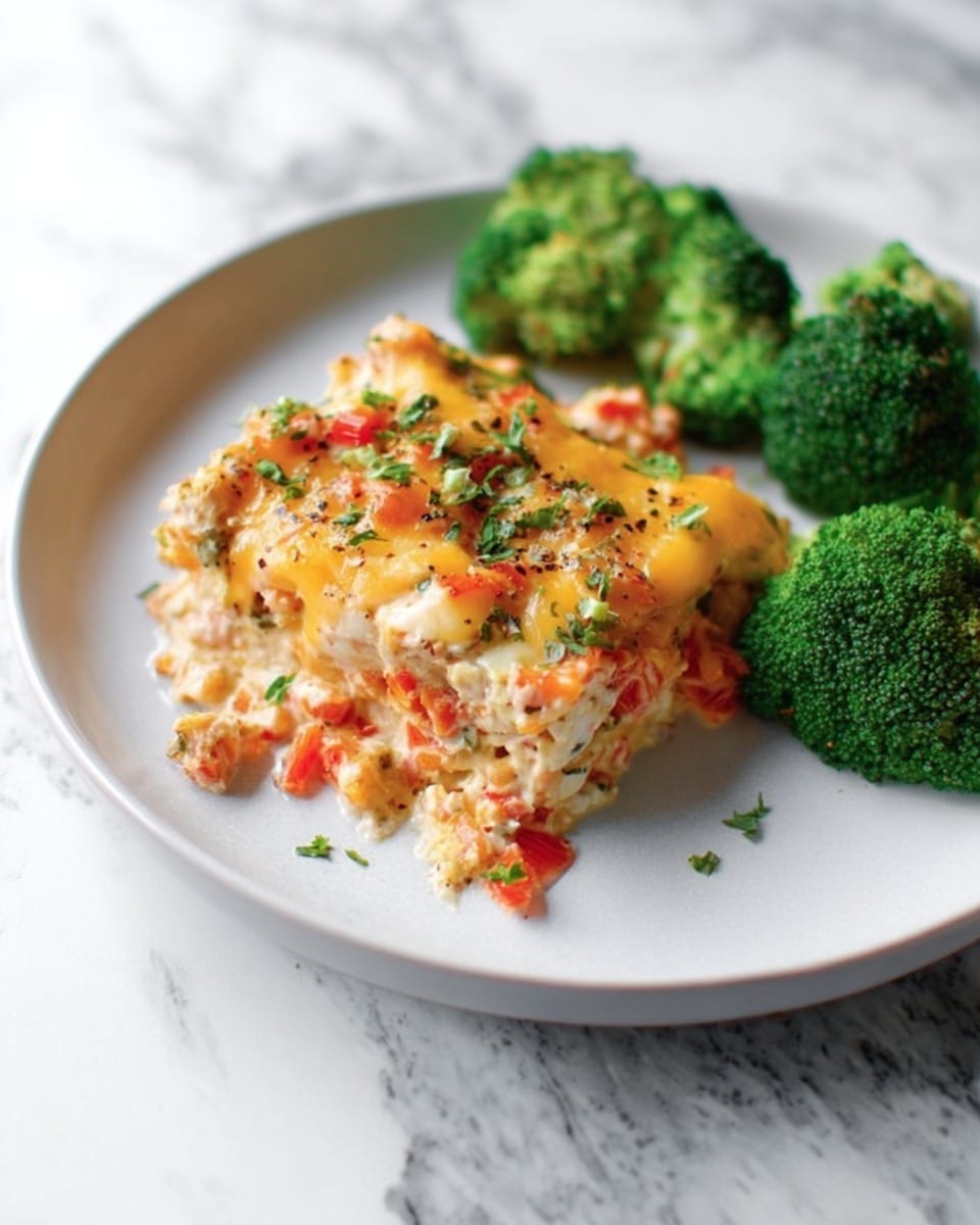 A white pan filled with a creamy orange and white mixture that has shredded chicken and small diced red bell peppers scattered throughout. Fresh green herbs are sprinkled on top, adding color contrast. There is a wooden spoon in the pan lifting a portion of the dish, showing the mix’s thick texture with visible layers of chicken, peppers, and sauce. The background shows a white marbled surface with green herb leaves near the bottom left. photo taken with an iphone --ar 4:5 --v 7