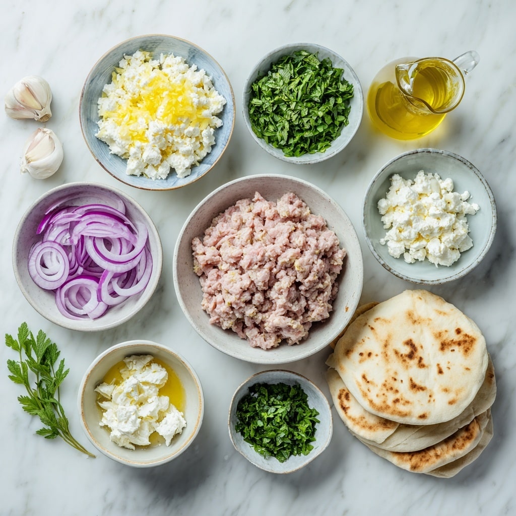 The image shows three golden-brown pockets of stuffed bread on a white plate over a white marbled surface. Two pockets are whole with a textured, butter-golden crust sprinkled with small pieces of green herbs. One pocket is cut open, showing two layers inside: the top layer has white crumbly cheese mixed with chopped green herbs, and below it, pieces of light brown cooked chicken. The bread is thick and soft with a slightly toasted, crispy exterior. Photo taken with an iphone --ar 4:5 --v 7