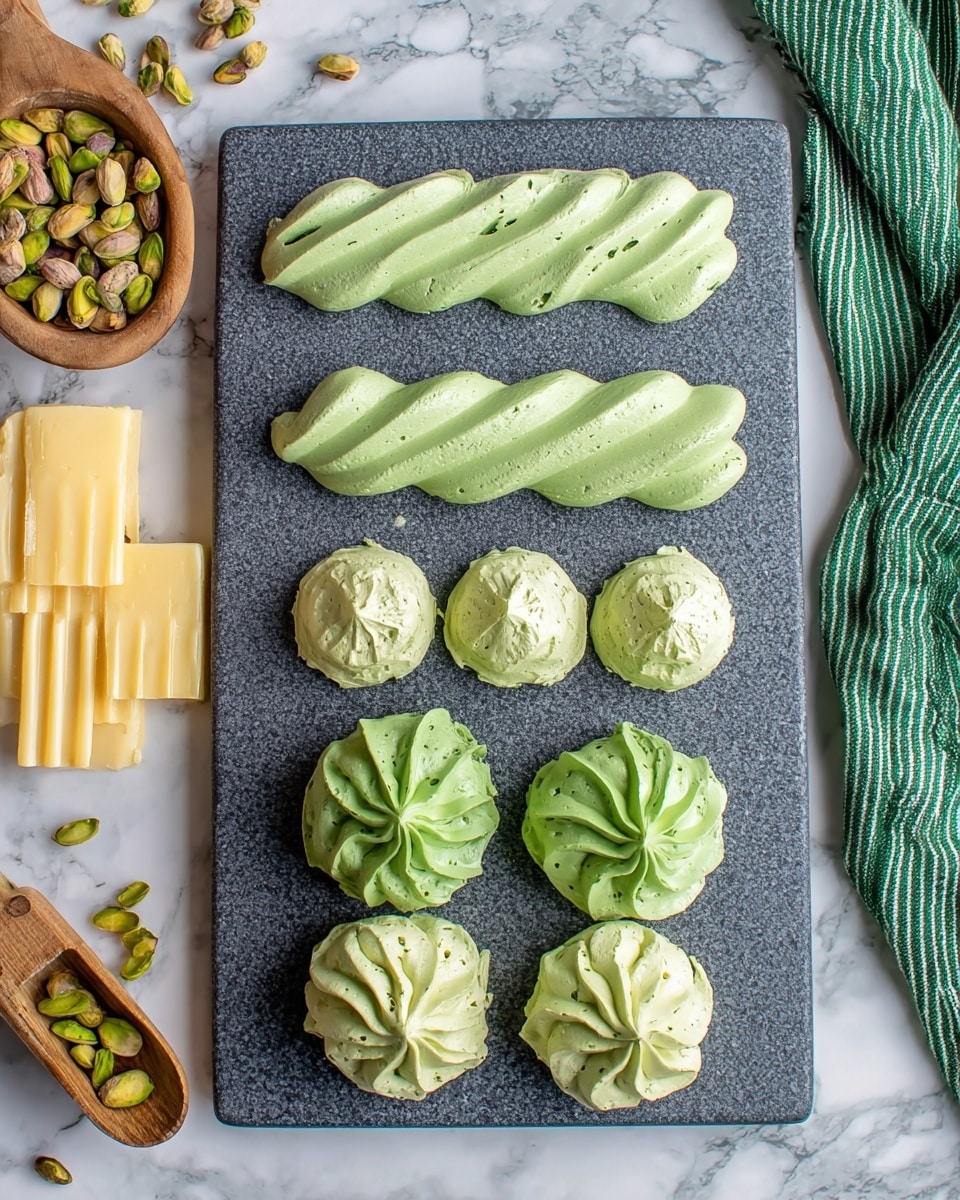 The image shows a dark gray board placed on a white marbled surface with several shapes of light green cream arranged on it. There are five rows of cream shapes: the first row is a long, ridged strip; the second row has a wavy shape flowing horizontally; the third row has three round dollops with soft peaks; the fourth row shows another long, ridged strip similar to the first but slightly curved; the fifth row features three round, swirled dollops with soft peaks again. The green cream has small specks in it. Next to the board on the left side, there are some pistachios in a wooden scoop and some yellow-wrapped butter sticks. A green and white striped cloth is on the top right corner. photo taken with an iphone --ar 4:5 --v 7