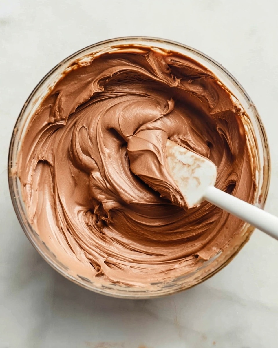 The image shows a close-up view of a clear glass bowl filled with a smooth, creamy, light brown chocolate mixture. A white spatula with traces of the mixture on its blade rests inside the bowl, slightly dipped into the thick, swirled texture of the chocolate. The lighting highlights the glossy and velvety surface of the mixture, with various layers of swirl patterns creating depth and softness. The bowl sits on a white marbled surface, giving a clean and fresh look. photo taken with an iphone --ar 4:5 --v 7