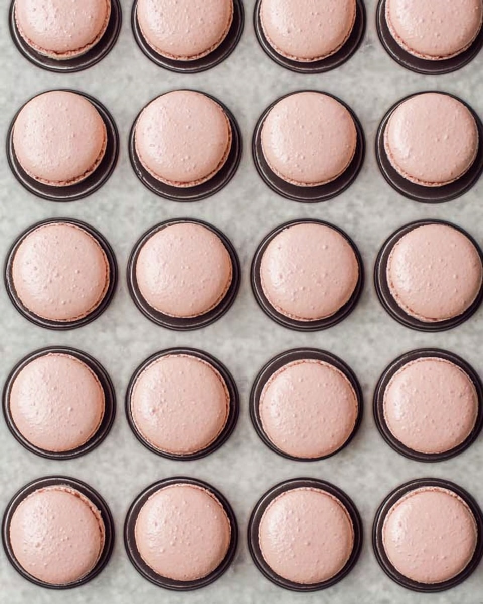The image shows many pale pink round macarons neatly placed in a baking tray with circular black outlines for each macaron, set on a white marbled surface. Each macaron is smooth on top with a slight shine and has a firm, crisp outer shell. The macarons are evenly spaced with consistent size and shape, and they have a delicate ruffled edge around the base where the top meets the filling area. photo taken with an iphone --ar 4:5 --v 7