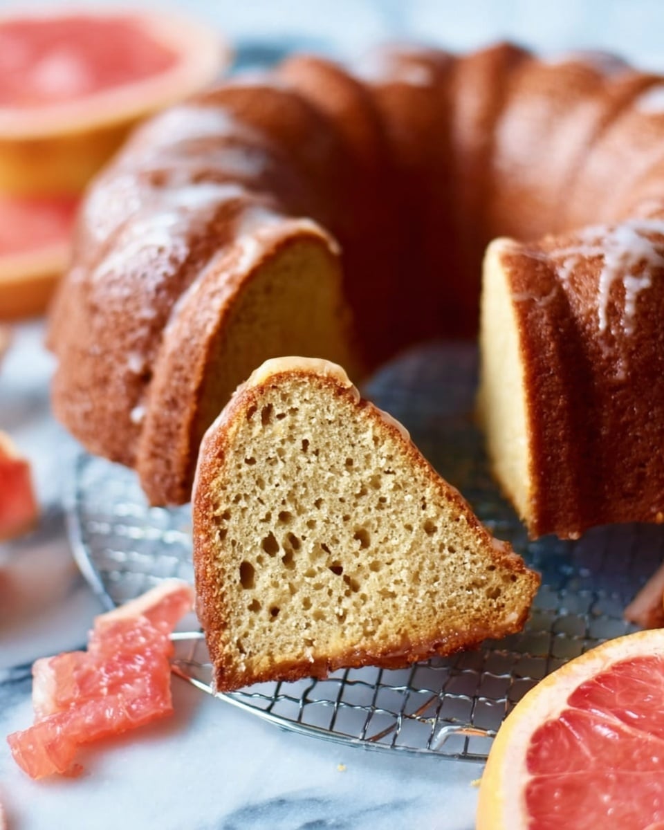 The image shows a round bundt cake with a light brown color and a smooth, baked texture on the outside. One slice has been removed, revealing a soft, moist interior with small, even air holes. The cake sits on a cooling rack over a white marbled surface. Around the cake, there are pieces of bright pink grapefruit adding a pop of color. The lighting is natural and bright, focusing on the texture of the cake and the freshness of the fruit. photo taken with an iphone --ar 4:5 --v 7