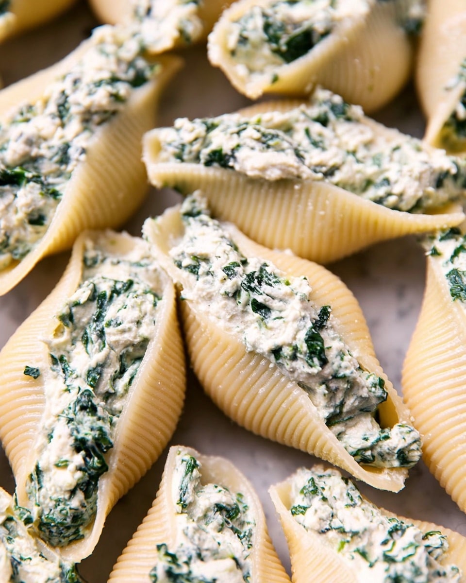 The image shows many large pasta shells arranged close together on a white marbled surface. Each shell is filled with a creamy mixture that looks like ricotta cheese mixed with finely chopped spinach, creating a white and green speckled texture. The shells are light yellow and ridged on the outside, while the creamy filling sits on top inside each shell, spreading a little above the edges. The shells fill the frame, showing their soft, smooth texture and the thick, slightly grainy filling. Photo taken with an iphone --ar 4:5 --v 7