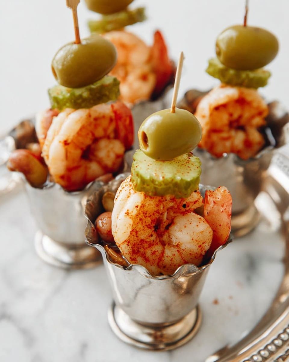 The image shows small silver cups filled with skewers that have three layers each: green olives on top, a round light green pickle in the middle, and a cooked shrimp seasoned with red spices at the bottom. The cups have a shiny, slightly wavy edge, and they stand on a white marbled surface. The shrimp have a firm texture with a pinkish-white color mixed with red seasoning. The green olives and pickles are smooth and firm, making a contrast in texture and color with the shrimp. The photo taken with an iphone --ar 4:5 --v 7