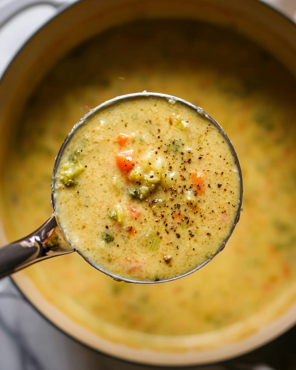 A close-up view of a ladle filled with thick, creamy soup held above a pot of the same soup, showing a chunky texture with small pieces of orange, green, and light beige vegetables mixed into the yellowish base. The surface of the soup in the ladle is sprinkled with visible coarse black pepper, adding dark specks. The pot in the background is slightly blurred, sitting on a white marbled surface. The ladle's handle is metal and extends out of the frame. Photo taken with an iphone --ar 4:5 --v 7
