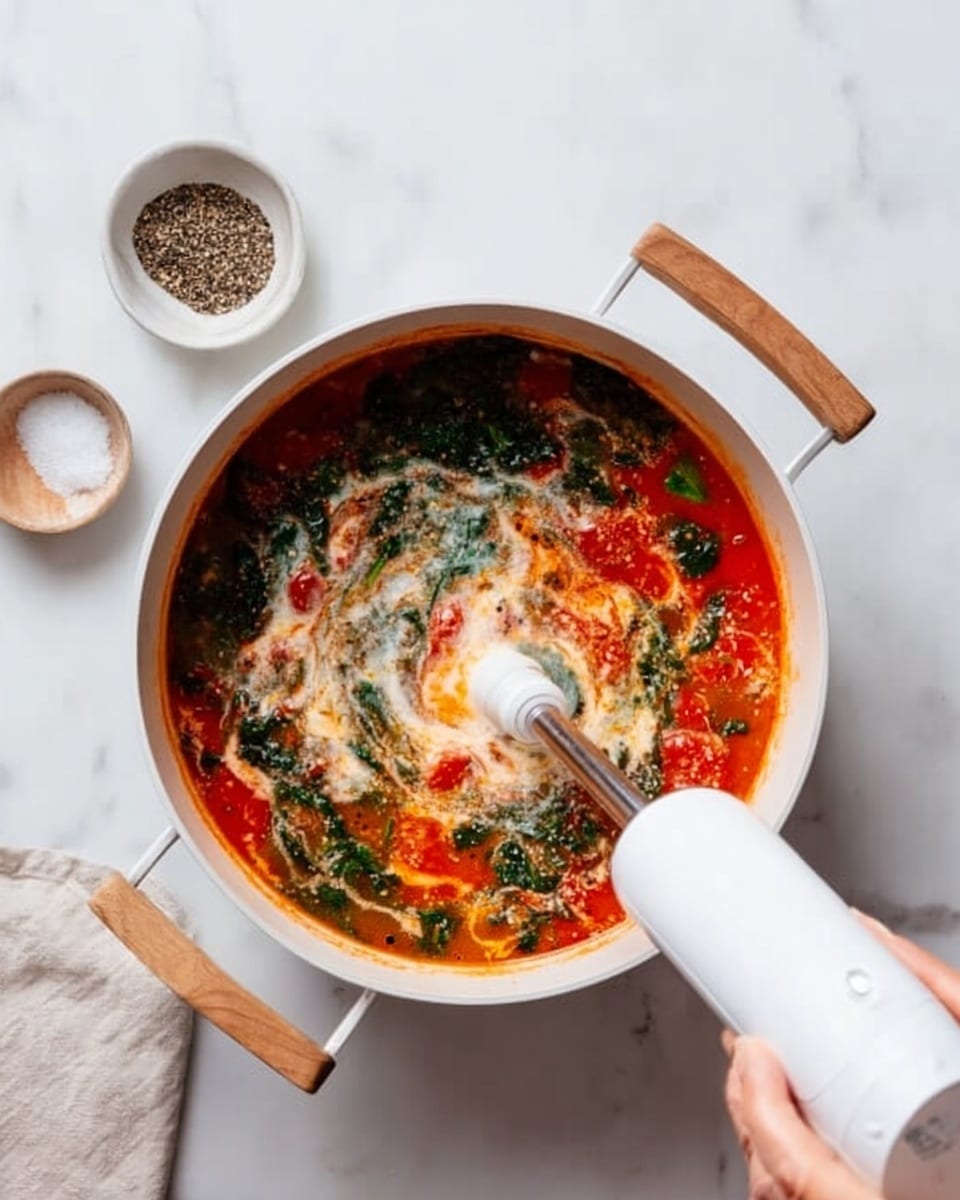 The image shows a white pot with wooden handles containing a vibrant soup or sauce with visible layers, including a bright red tomato base, green spinach leaves, and a creamy white swirl in the center. A woman's hand is holding a white immersion blender inside the pot, blending the mixture. The pot is placed on a white marbled surface. In the background, a small white bowl with a black and white pepper blend and another small white bowl with salt are visible. photo taken with an iphone --ar 4:5 --v 7