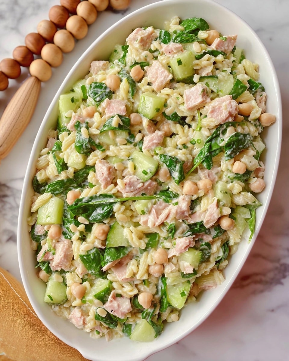The image shows a white oval bowl filled with a creamy salad made with small pasta shapes as the base layer, mixed evenly with chunks of light pink fish or tuna. There are bright green pieces of cucumber and leafy spinach scattered throughout, along with small round beige chickpeas adding texture. The salad looks fresh and creamy, with the ingredients well mixed but still distinct in color and shape. The bowl is placed on a white marbled surface with a wooden beaded decoration peeking on the side photo taken with an iphone --ar 4:5 --v 7