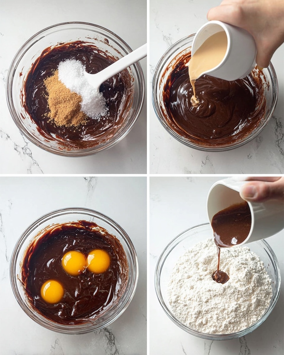 A collage of four images shows the making of a chocolate batter in a clear glass bowl on a white marbled surface. The top left image shows a dark, glossy chocolate mixture with sugar and brown sugar piled on top, mixed by a white spatula. The top right image shows a woman’s hand pouring a light tan liquid into the dark chocolate batter, with the spatula resting inside the bowl. The bottom left image shows the chocolate mixture becoming smoother and shiny, with three raw egg yolks sitting on top, the spatula dipped in the batter. The bottom right image shows a mound of white flour resting on top of the thick chocolate mixture, with a metal measuring spoon inside the bowl. Photo taken with an iphone --ar 4:5 --v 7