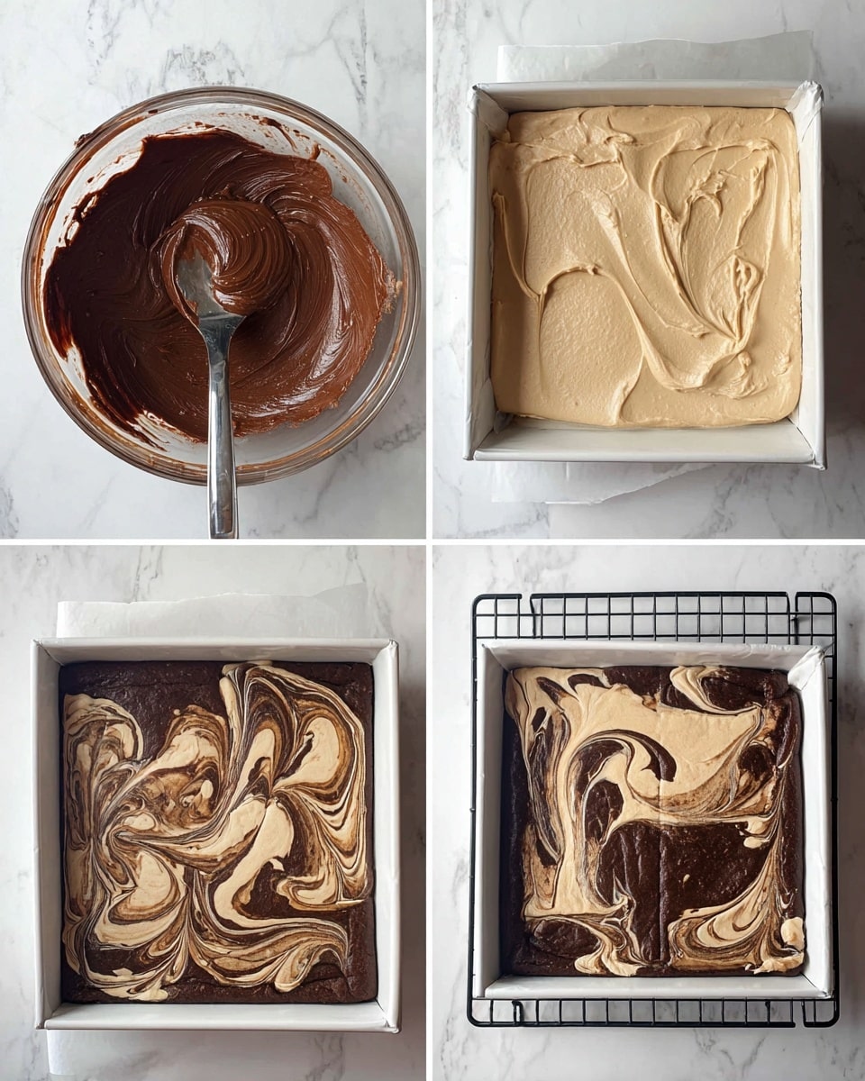 The image shows four steps of making a layered dessert in a square white-lined pan on a white marbled surface. The first step has a thick, shiny dark brown chocolate batter with a spoon on the edge of a clear bowl, with part of the batter already spread unevenly in the pan. The second step shows a thick creamy light beige layer dolloped over the dark brown batter in the pan, not yet spread out. The third step reveals the light beige and dark brown batters swirled together in a marbled pattern covering the whole surface in the pan. The last step shows the baked dessert with a cracked top and marbled brown and beige pattern, cooling on a black wire rack. Photo taken with an iphone --ar 4:5 --v 7