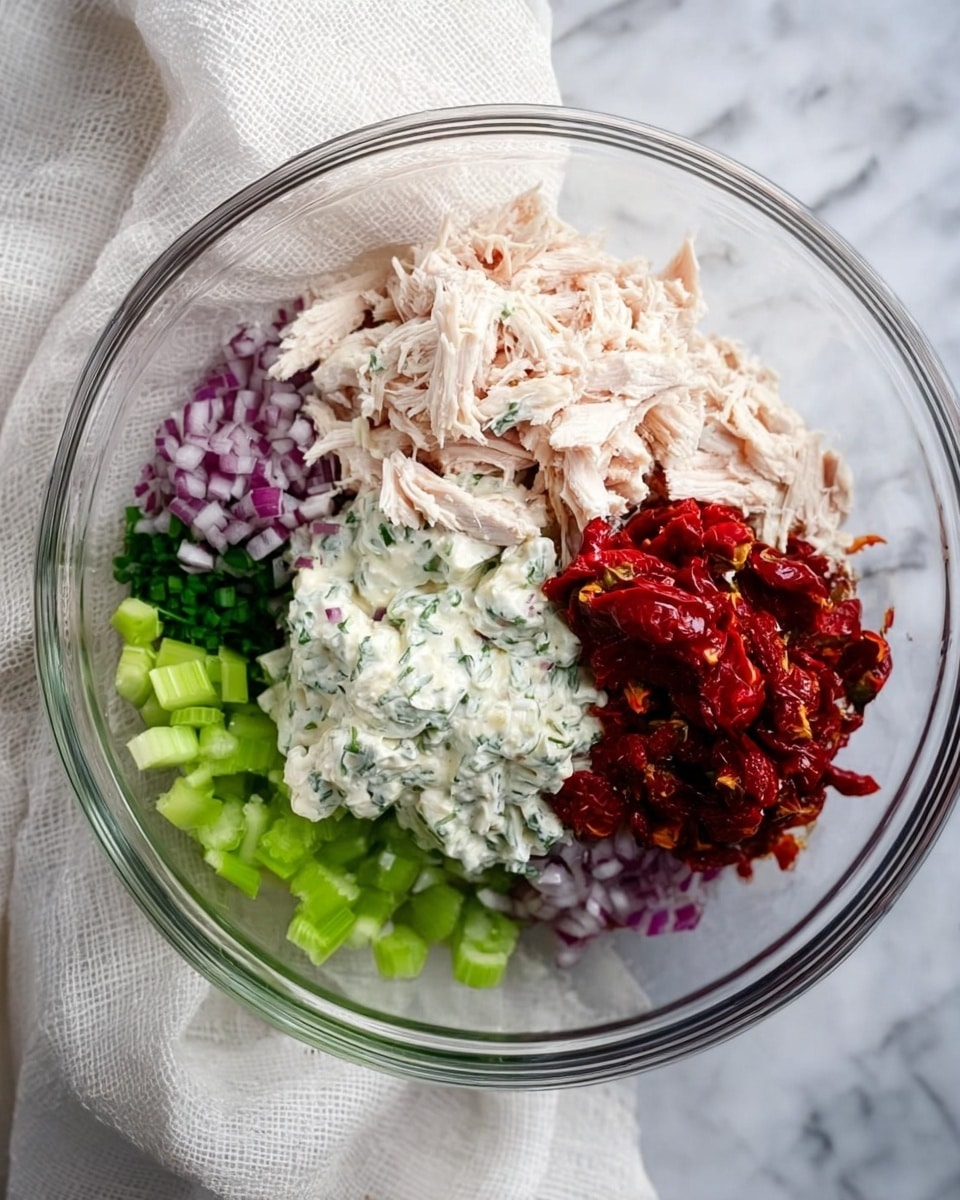 A clear glass bowl sits on a white marbled surface, filled with five visible layers of ingredients arranged side by side. The top left section has shredded pale pink chicken, next to it on the right is a chunky, dark red mixture that looks like sun-dried tomatoes. Below the chicken is a creamy white sauce mixed with green herbs, slightly spread over the middle. The bottom left contains finely chopped purple onions, while the bottom right holds small green celery pieces. The bowl is clear and round, and a white cloth is draped casually on the side. Phototaken with an iphone --ar 4:5 --v 7