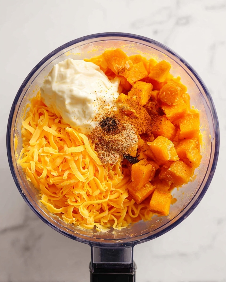 A clear food processor bowl holds four main layers: at the bottom is bright orange shredded cheese with a soft texture, on top of this to the left is a smooth dollop of white creamy sauce, covering part of the cheese, and on the upper right fill the bowl with small chunks of soft orange roasted squash, dusted with light brown seasoning powder in the center. The whole scene sits on a white marbled surface. photo taken with an iphone --ar 4:5 --v 7